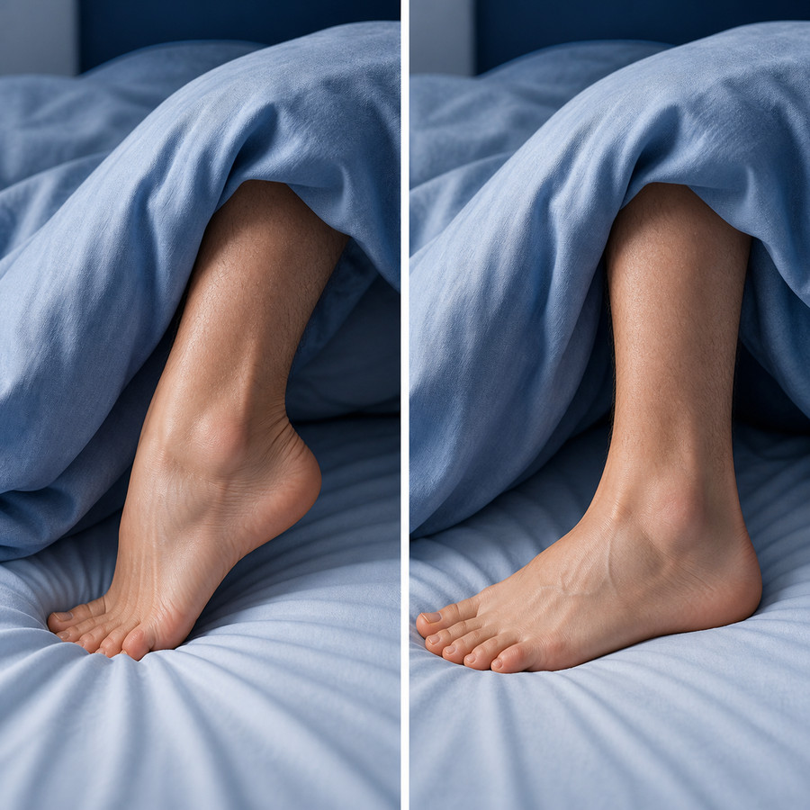 왼쪽은 이불 무게로 발끝이 아래로 눌린 자세, 오른쪽은 발목을 바로 세운 자세