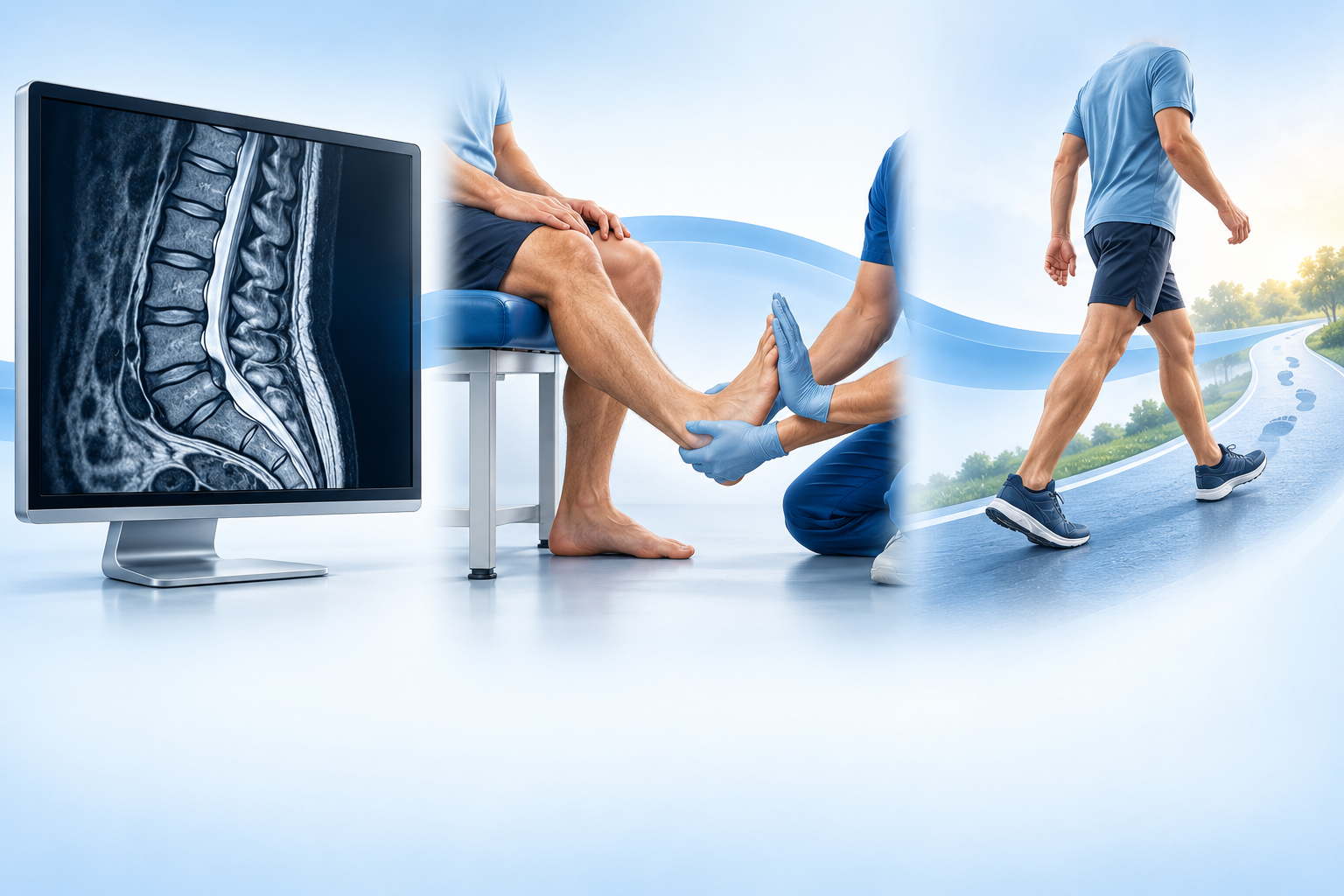 MRI 화면, 발목 힘을 확인하는 진찰, 걸으며 경과를 보는 모습을 나란히 그린 그림