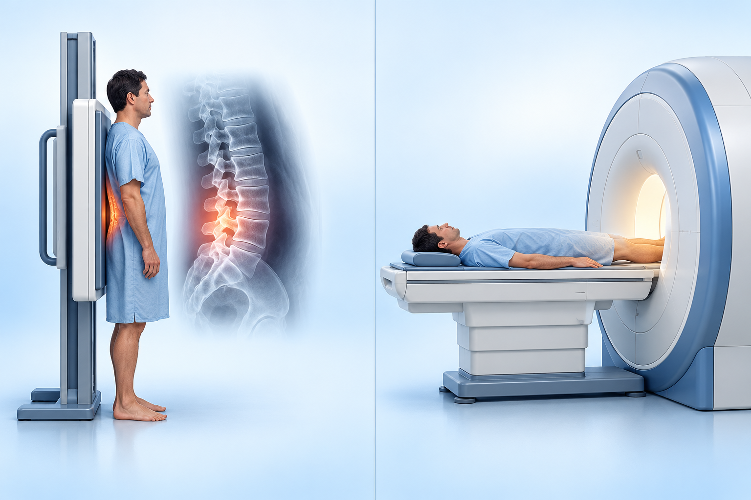 서서 찍는 X-ray 장비 앞에 선 사람과, MRI 기계 안으로 누워 들어가는 사람을 나란히 그린 그림