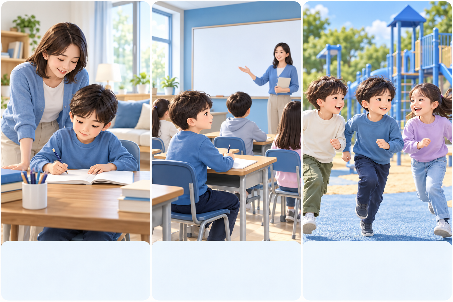 같은 아이가 집, 교실, 놀이터에서 지내는 모습을 나란히 보여 주는 설명 그림