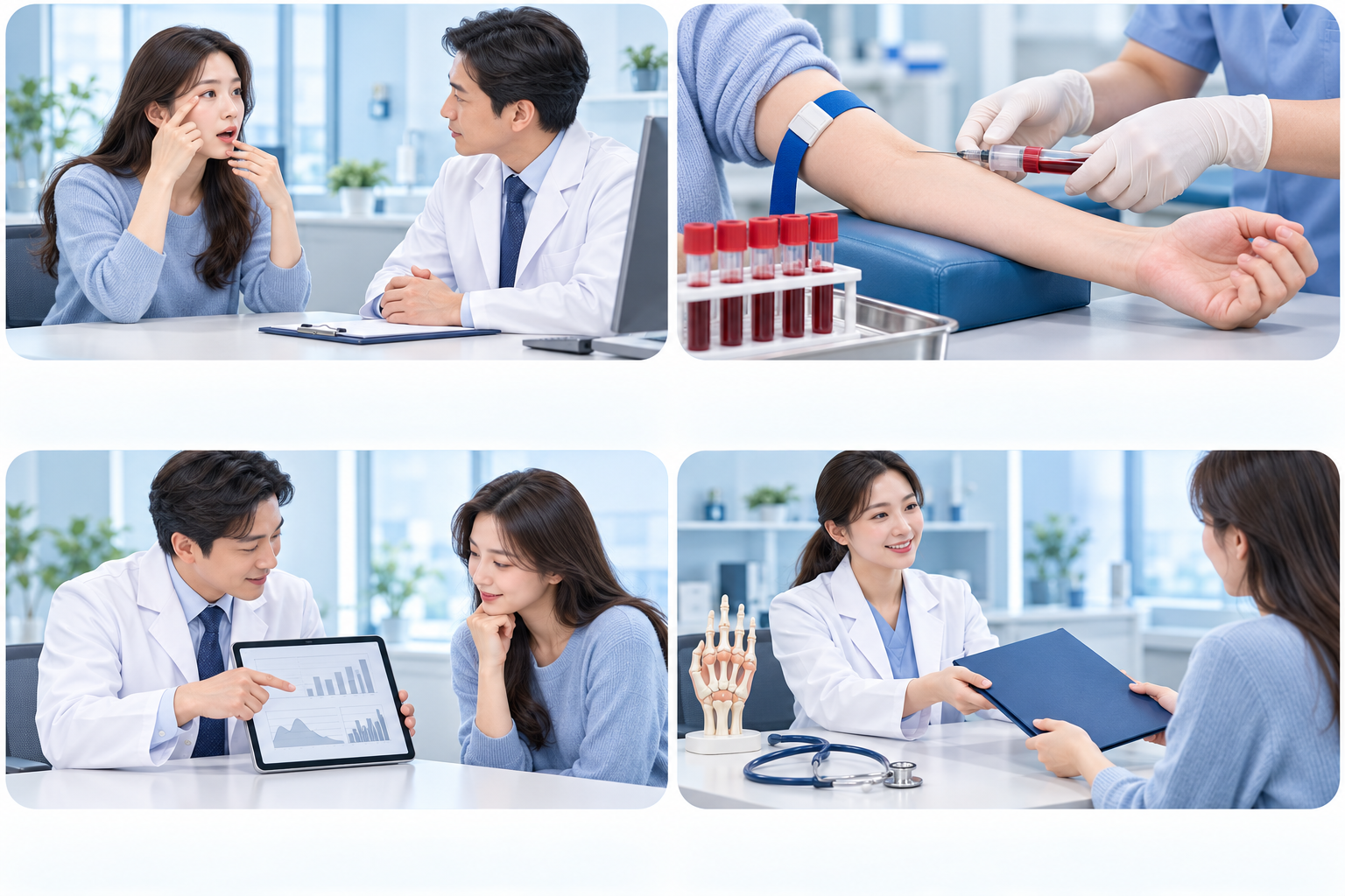 건조 증상 문진, 혈액검사, 결과 설명, 전문 진료 연결의 네 장면