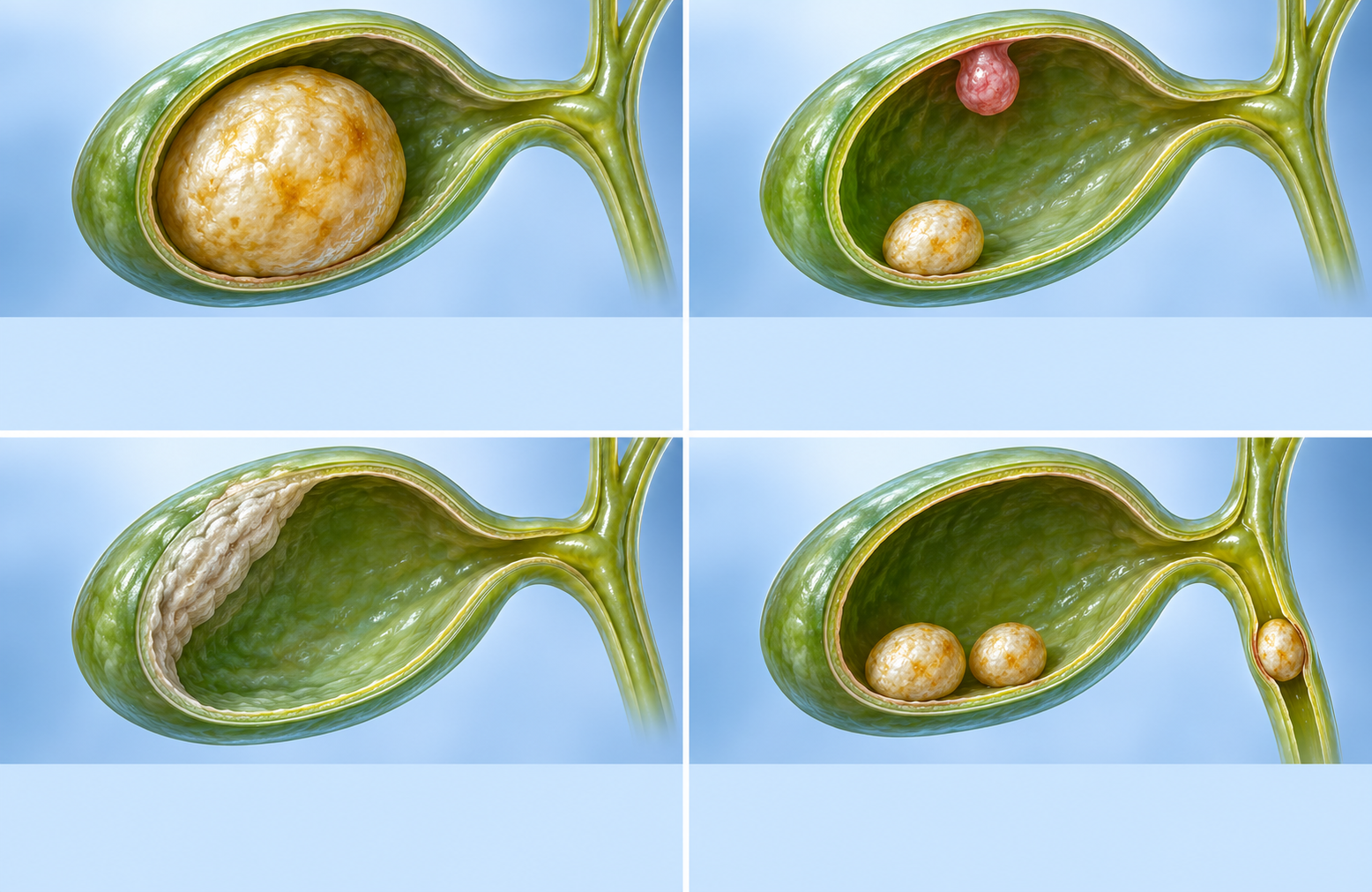 큰 담석, 담석과 용종, 일부만 석회화된 담낭 벽, 총담관 돌이 있는 담낭을 네 칸으로 나눠 그린 그림