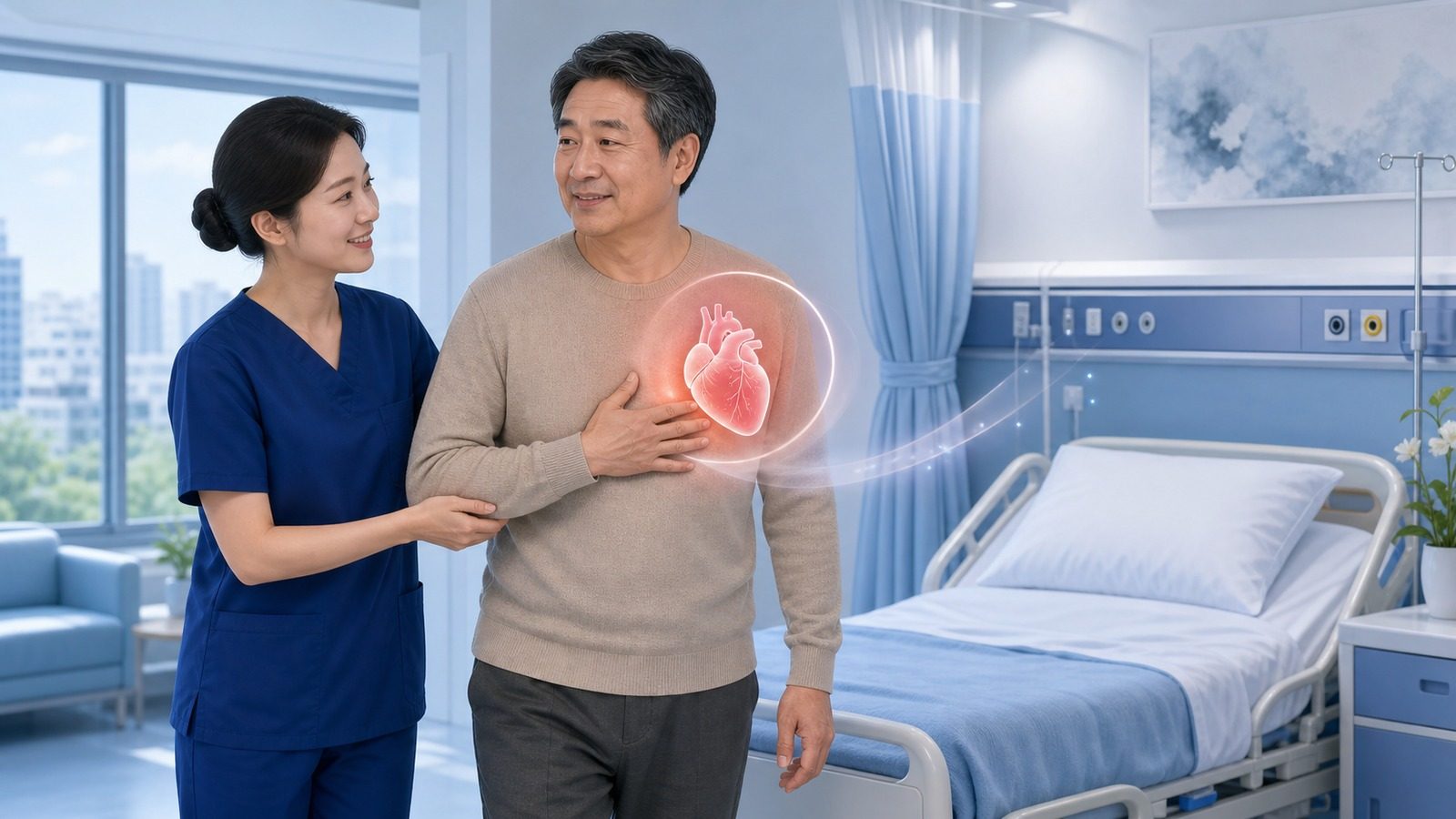 중단 그룹에서 더 많았던 심혈관 입원 — 회복기 심근경색 환자가 다시 병원을 찾는 모습