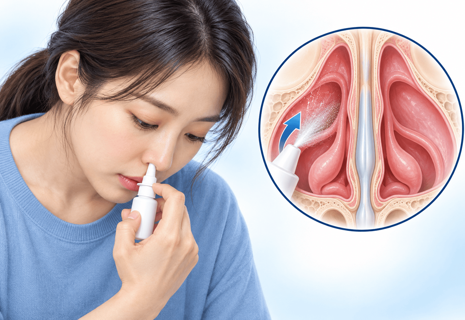 오른쪽 콧구멍에는 왼손으로 스프레이를 잡고 노즐을 같은 쪽 귀 방향으로 향한 채 고개를 살짝 숙여 뿌리는 모습의 일러스트