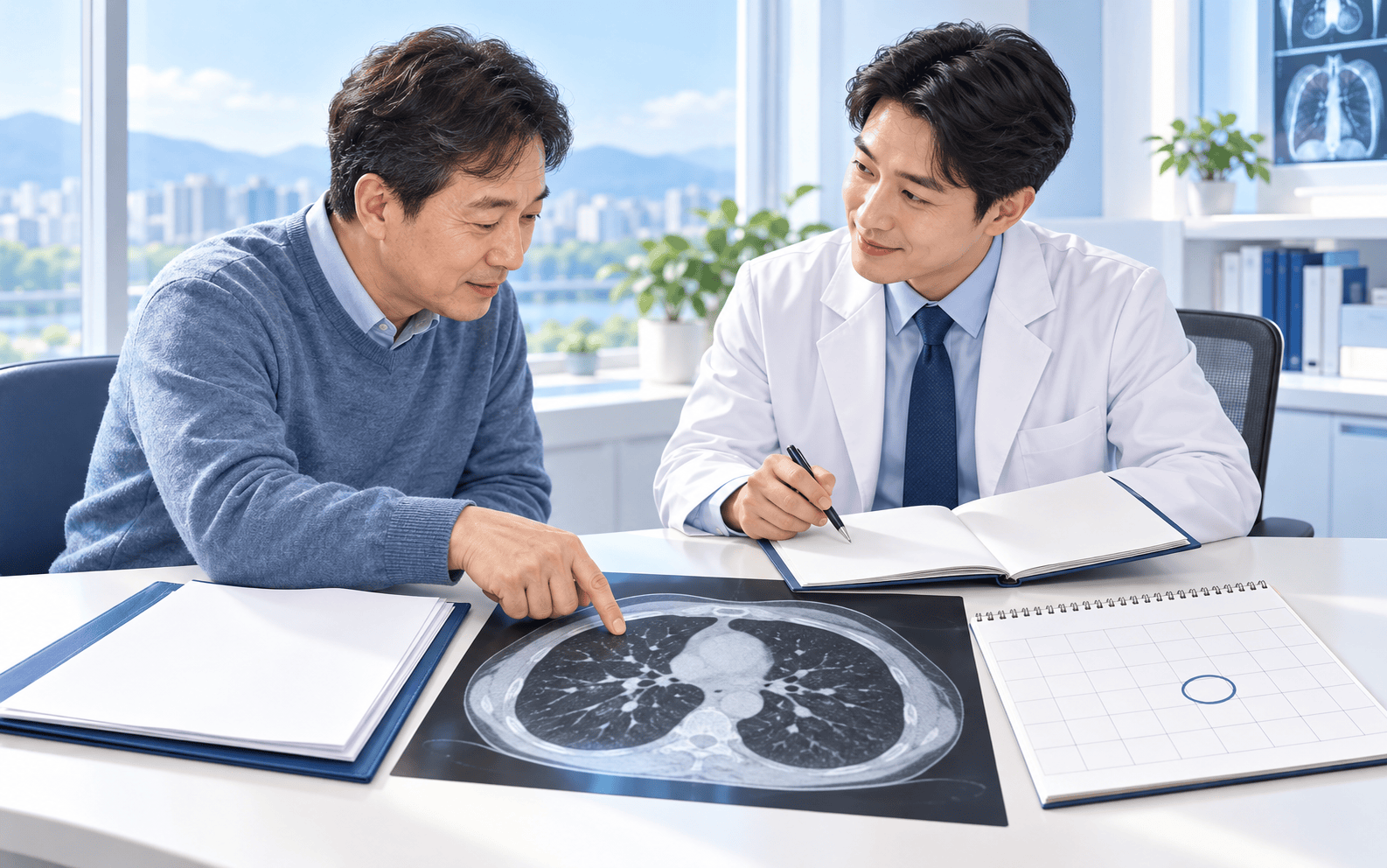 책상 위에 수술 기록 서류철, 가슴 CT 필름, 달력을 펼쳐 놓고 의사와 함께 살펴보는 모습의 일러스트
