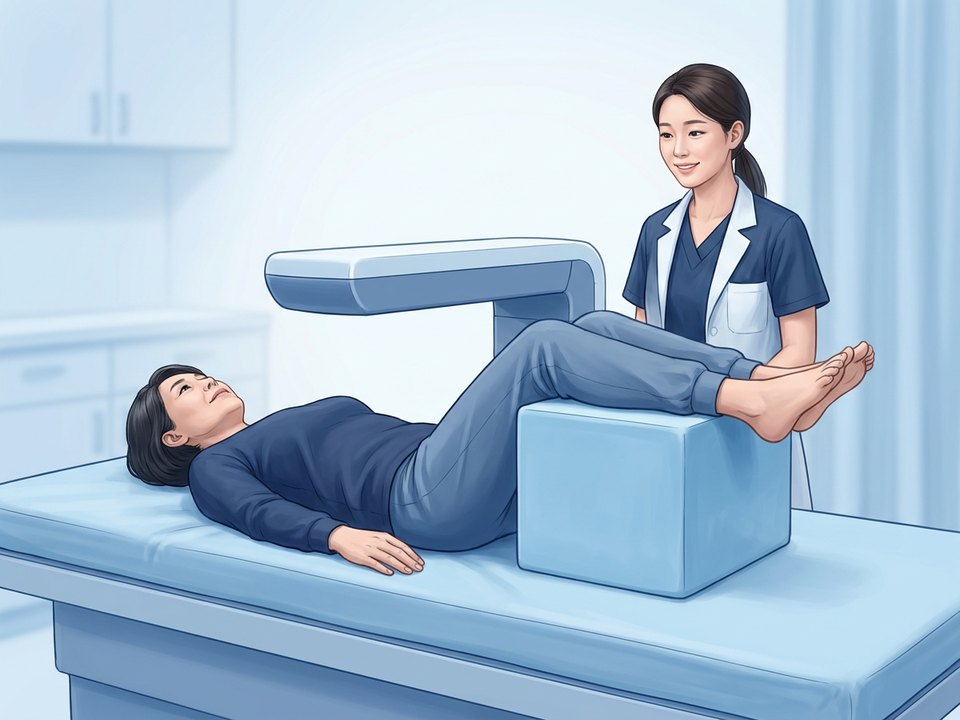 무릎 아래 쿠션을 받치고 골밀도 검사대에 반듯이 누운 모습과 위를 지나는 측정 장비 일러스트