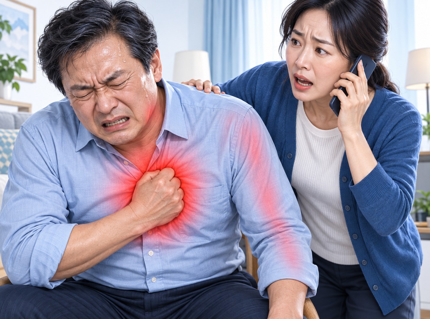가슴 한가운데를 주먹으로 누르며 식은땀을 흘리는 남성과, 옆에서 휴대폰으로 119에 전화하는 가족