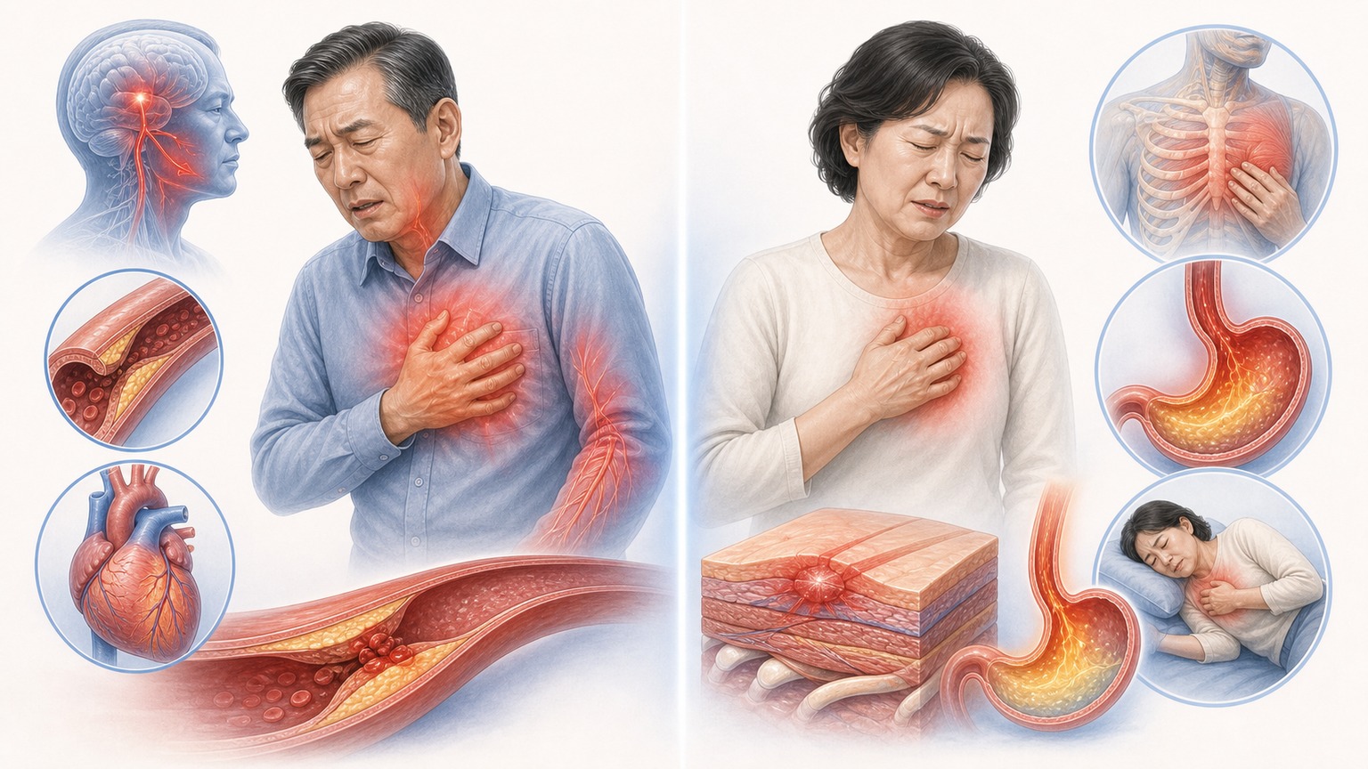 심장 흉통 vs 비심장 흉통 구별 포인트 설명 이미지