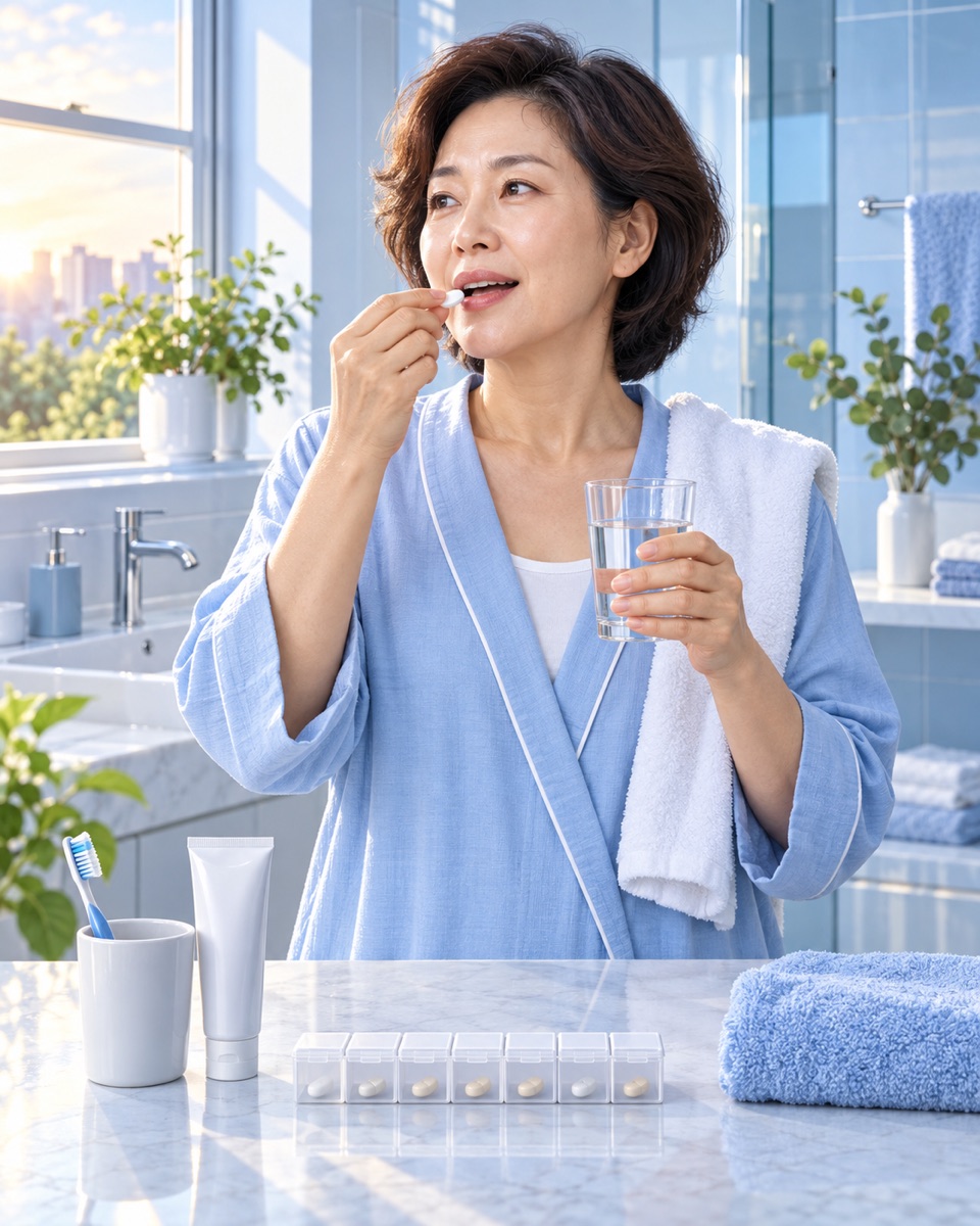 아침 양치·세수 뒤 물과 함께 하루 한 번 혈압약을 먹는 모습