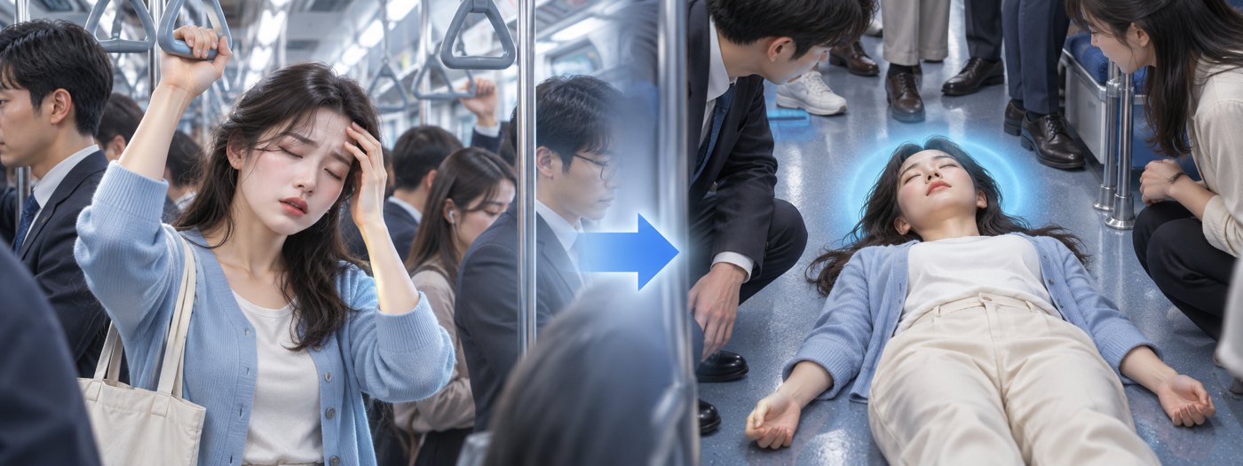붐비는 곳에 서 있다 어지러워진 사람이 쓰러져 누운 뒤 편안히 회복하는 모습