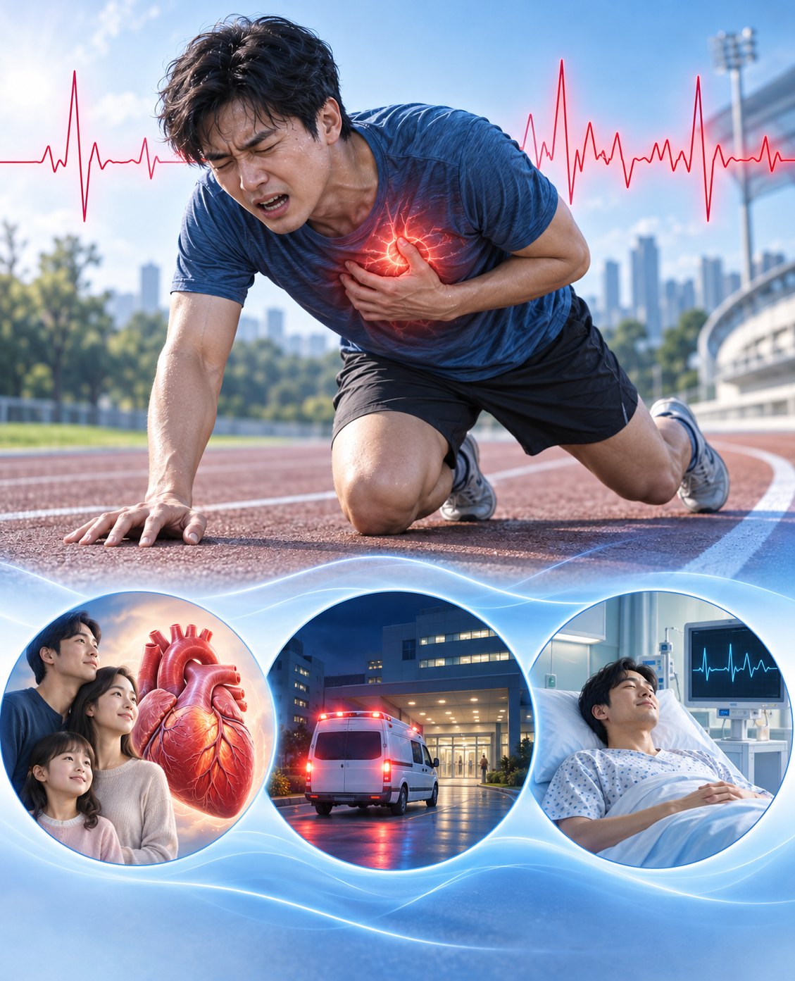 운동 중 가슴을 움켜쥐며 쓰러지는 사람과 가족력, 응급실 이송, 심장 리듬 감시를 보여 주는 그림