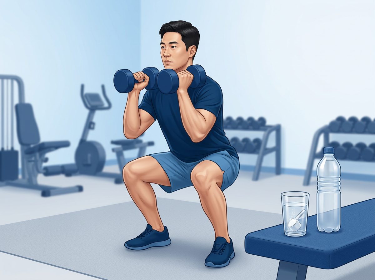 밝은 운동실에서 30대 성인이 덤벨을 들고 짧고 강하게 스쿼트를 하고, 옆 벤치에 물병과 흰 가루를 탄 물 한 잔이 놓인 그림