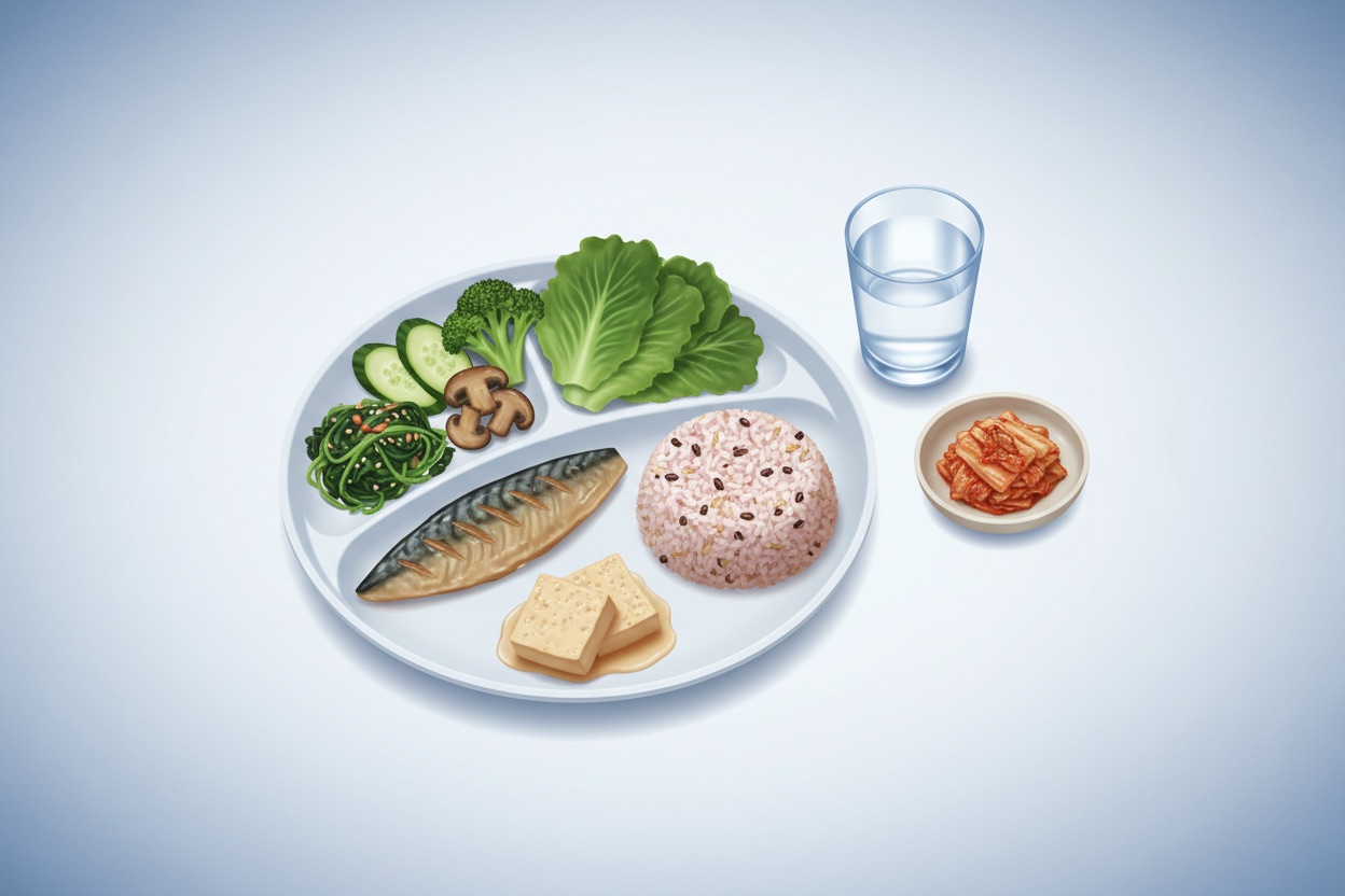 접시 절반은 채소, 4분의 1은 생선·두부, 4분의 1은 잡곡밥으로 채운 한 끼 식판과 물 한 잔
