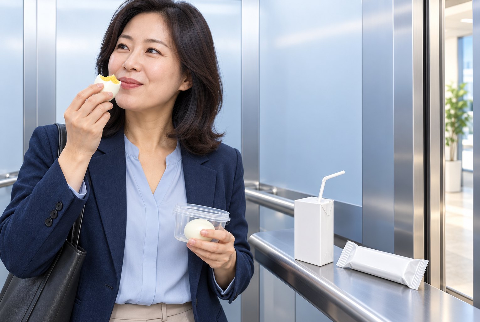출근길 엘리베이터 안에서 삶은 계란을 먹는 사람과, 손잡이 선반 위의 두유 팩과 단백질바