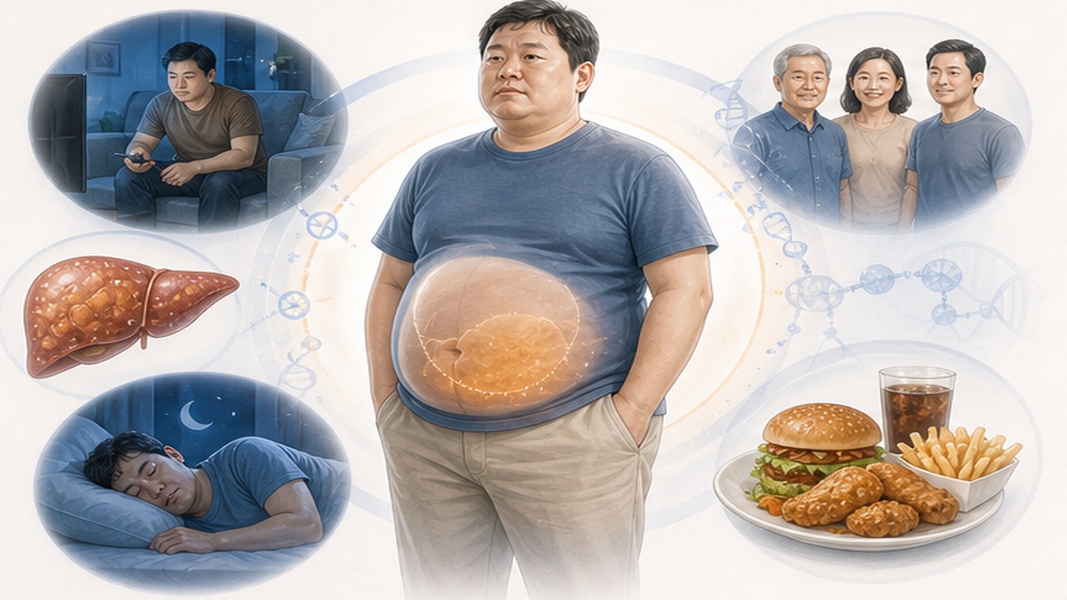 배가 나온 남성을 가운데 두고 가족, 수면, 소파에서 TV 보기, 패스트푸드가 둘러싼 그림