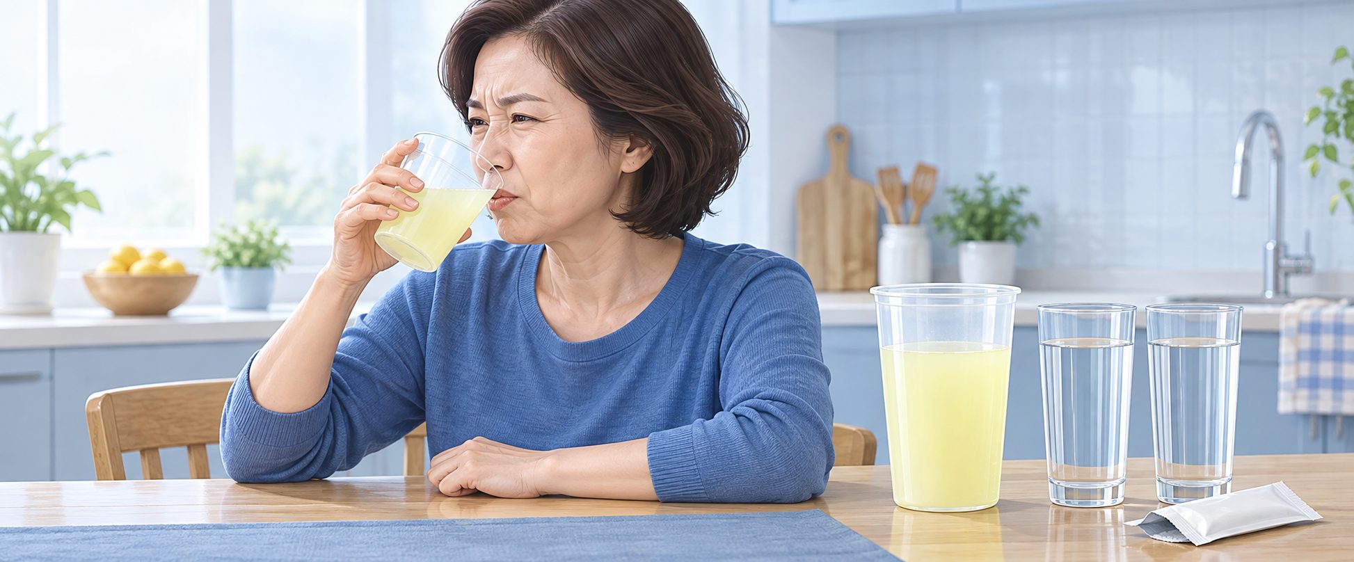 식탁에 앉아 연노란 장정결 물약을 마시며 살짝 얼굴을 찡그린 사람과, 옆에 놓인 물약 통과 맹물 두 컵