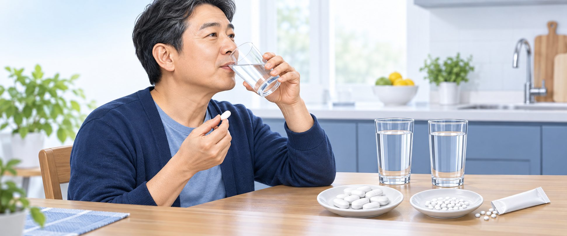 식탁에 앉아 알약을 물과 함께 편하게 삼키는 사람과, 큰 타원형 알약 접시·쌀알 크기 작은 알약 접시·맹물 두 컵