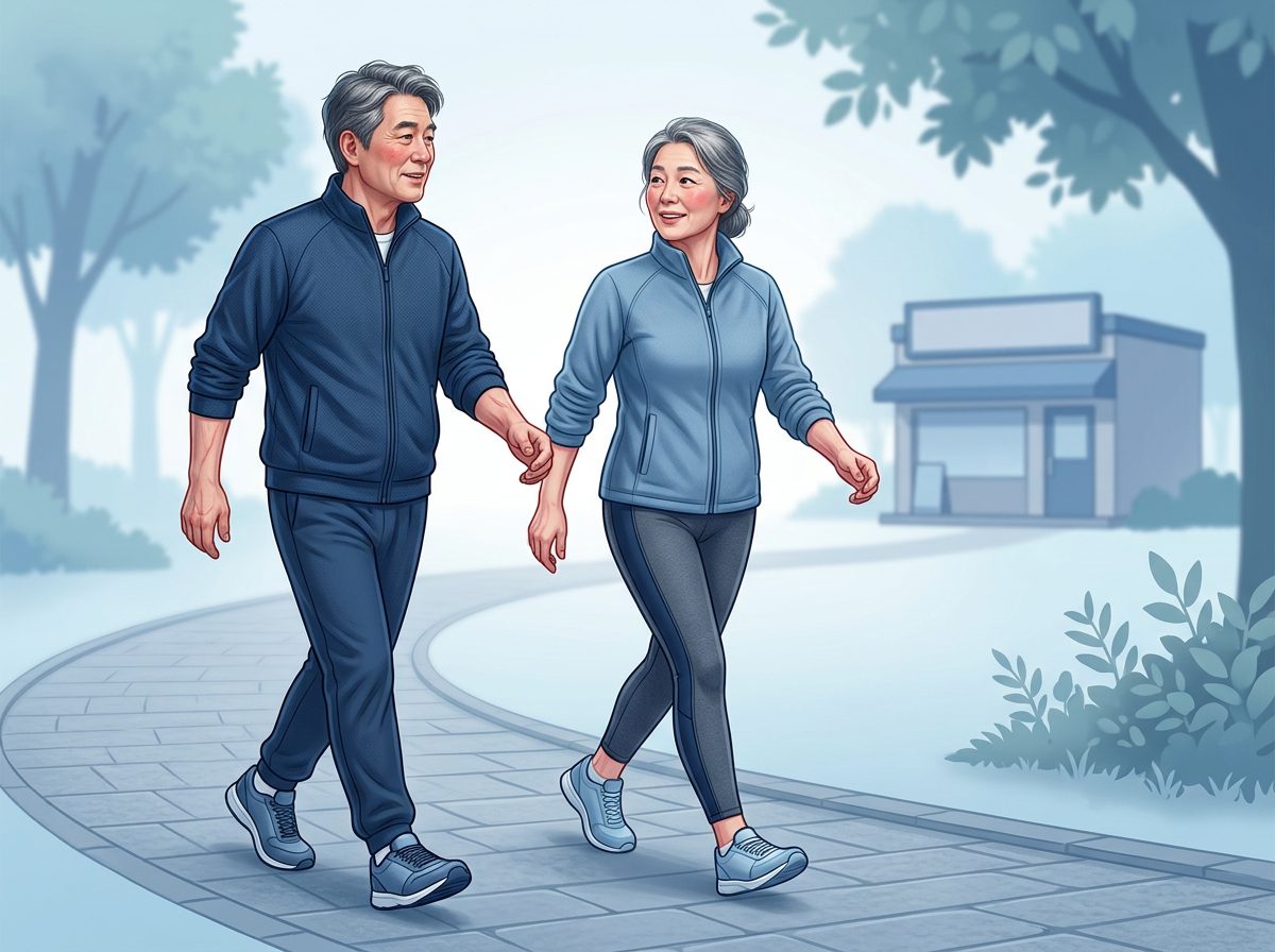 식사를 마친 60대 남녀가 공원 길을 팔을 흔들며 빠르게 함께 걷는 그림