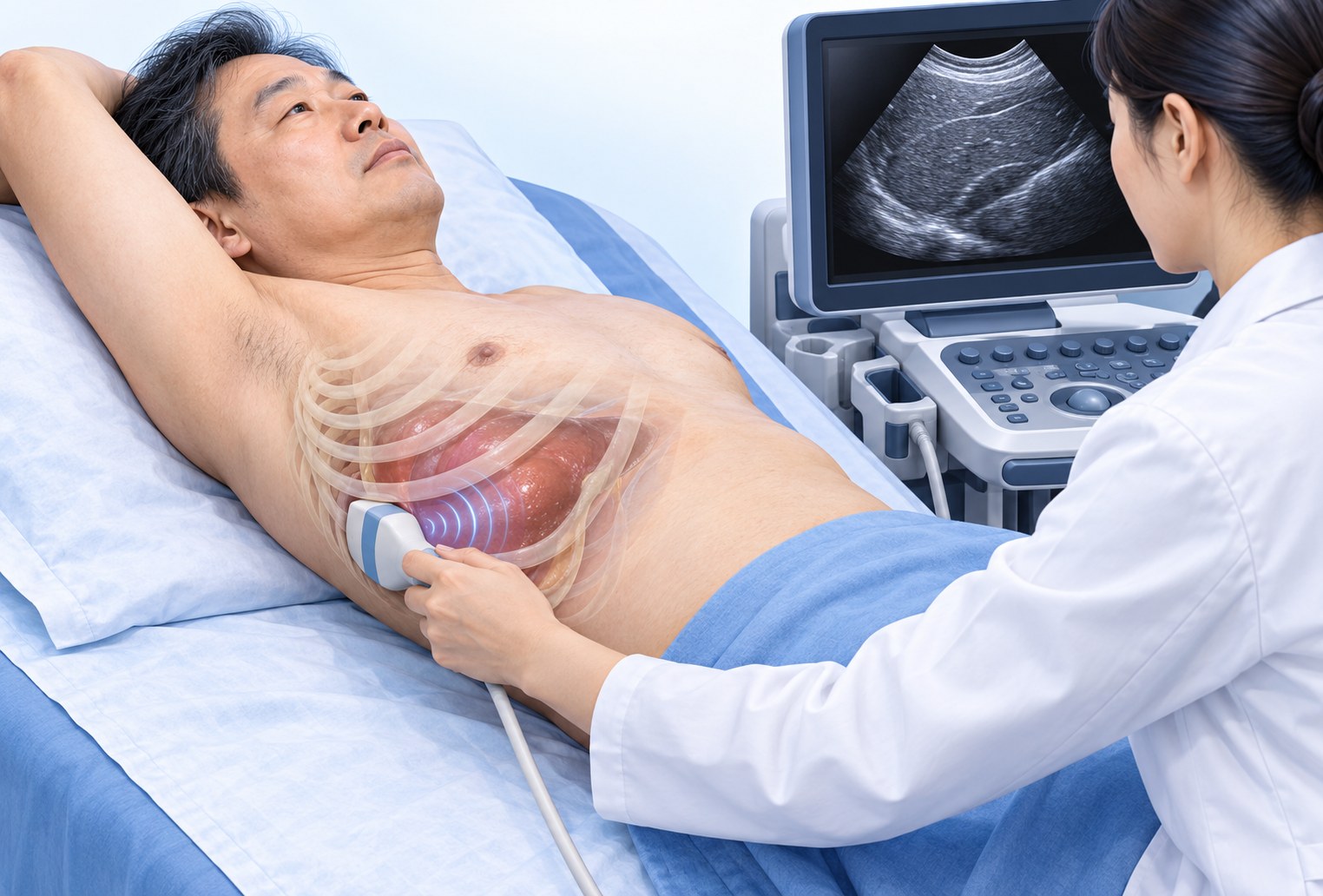 누워서 오른팔을 머리 위로 올린 사람의 오른쪽 아래 갈비뼈 사이에 탐촉자를 대고 간의 굳기를 재는 모습