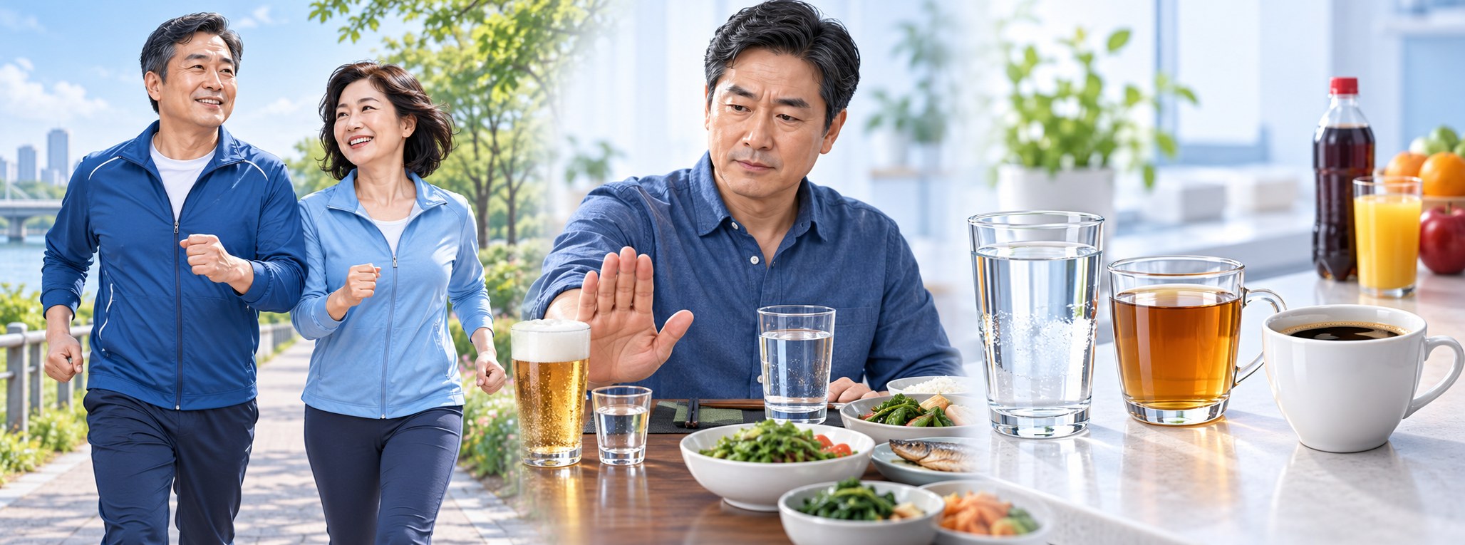 공원길을 빠르게 걷는 중년 부부, 술잔을 손으로 거절하고 물을 앞에 둔 남성, 물·보리차·블랙커피를 앞에 두고 탄산음료·주스는 뒤로 밀어 둔 식탁