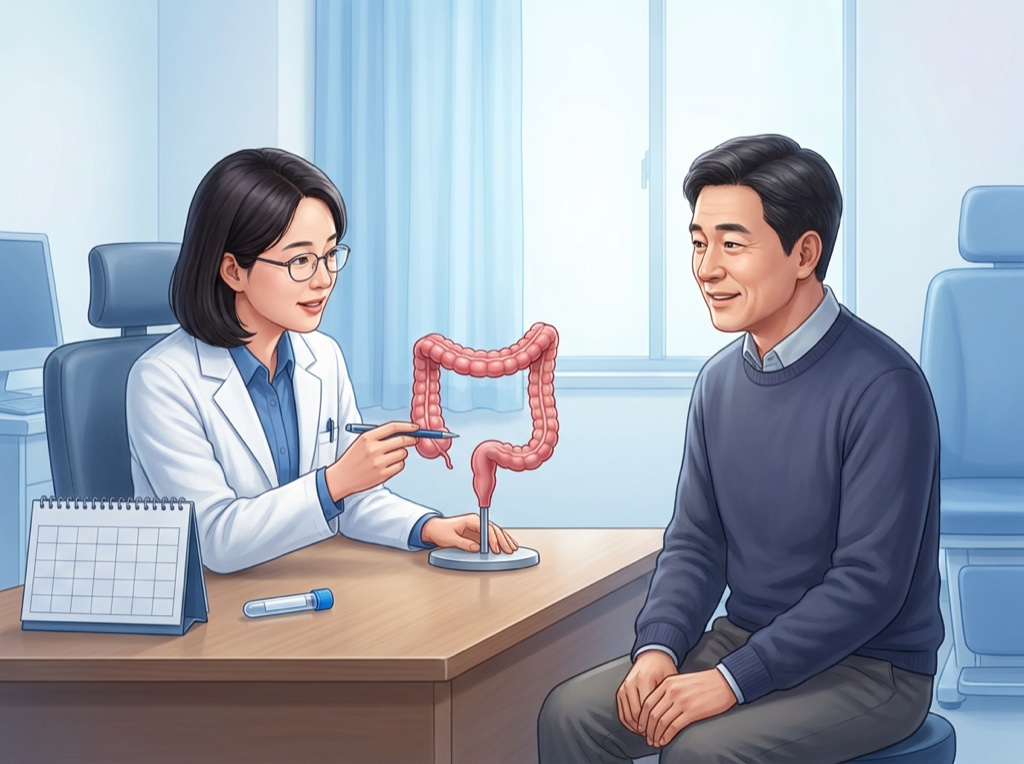 의사가 대장 모형을 가리키며 중년 남성에게 대장내시경을 설명하는 진료실 장면