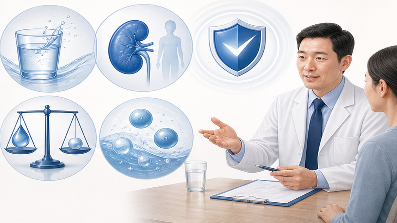 물 잔, 콩팥, 방패, 저울, 물방울 아이콘 옆에서 의사가 환자에게 설명하는 그림