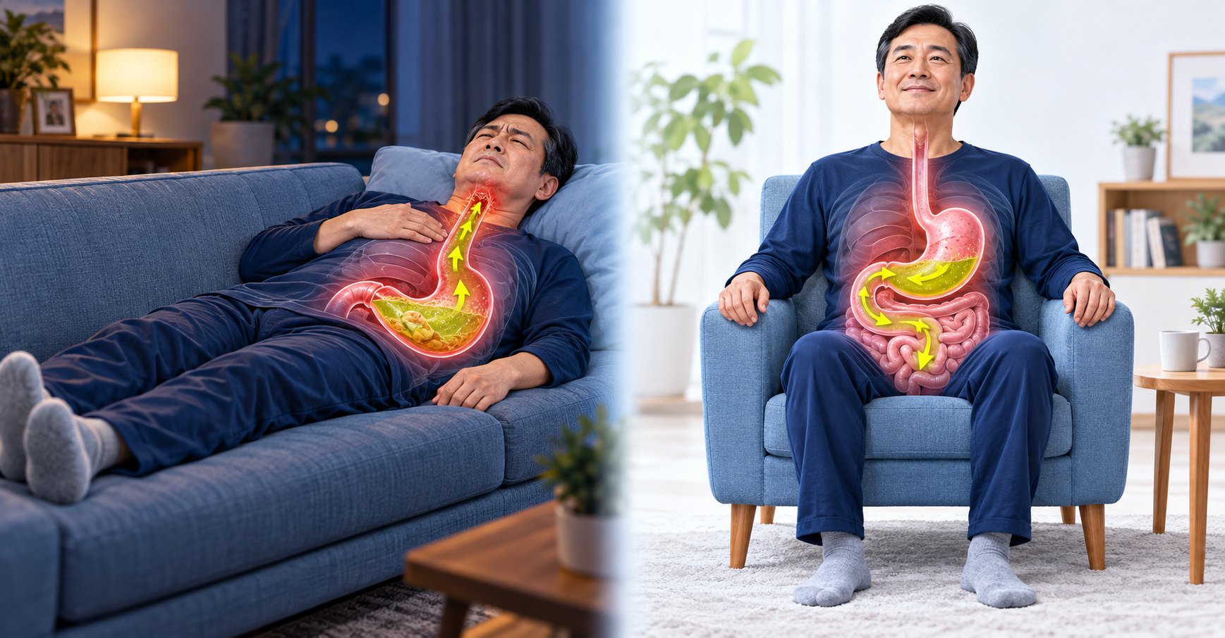 왼쪽: 식사 뒤 소파에 누운 사람의 위 내용물과 위산이 식도로 거꾸로 올라오는 모습. 오른쪽: 같은 사람이 의자에 앉아 있고 위 내용물이 소장 쪽 아래로 내려가는 모습