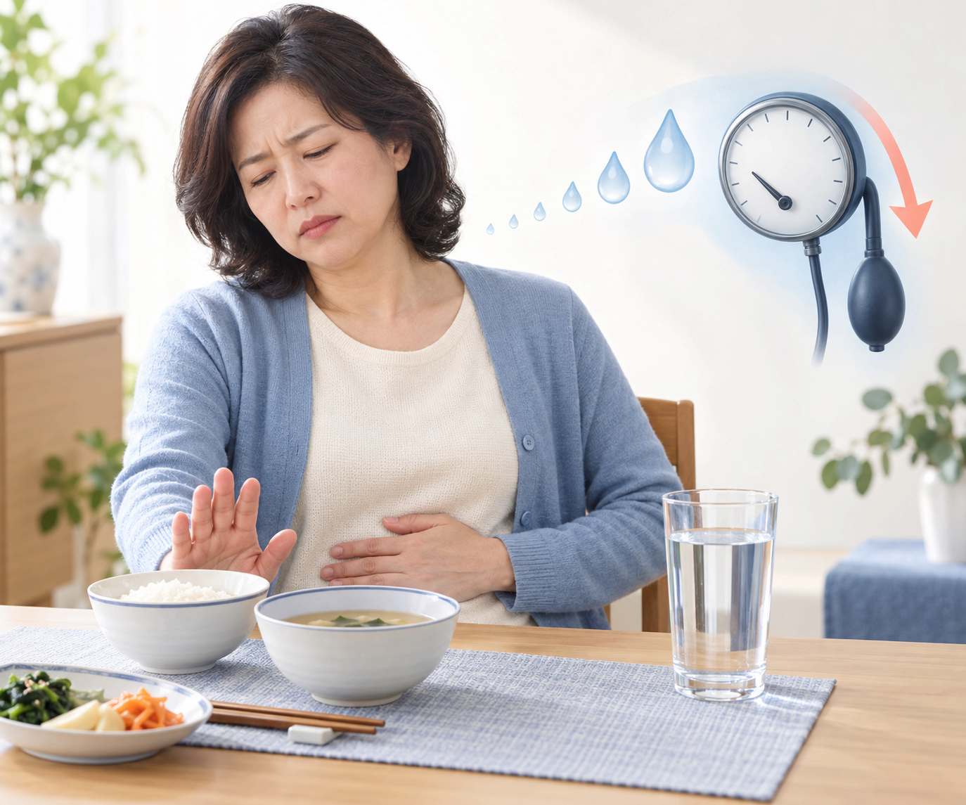구역으로 식사를 밀어내는 모습 — 먹는 양이 줄면 혈압이 더 내려갈 수 있다