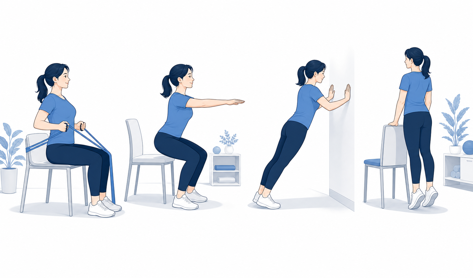 밴드 당기기·의자 스쿼트·벽 팔굽혀펴기·뒤꿈치 들기 동작 그림