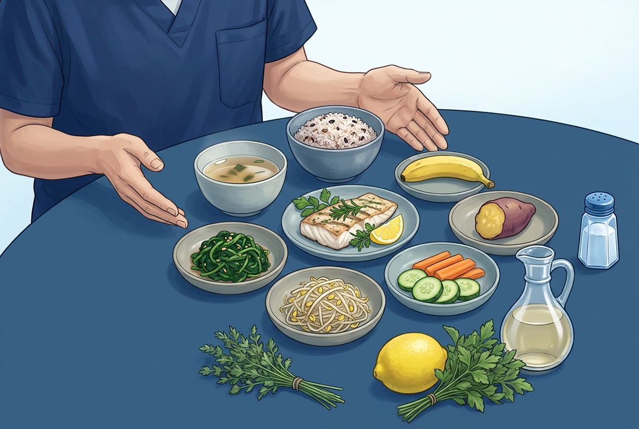 잡곡밥, 국물이 적은 국, 레몬과 허브를 곁들인 흰살생선구이, 나물과 채소가 차려진 식탁과 옆으로 밀어 둔 소금통