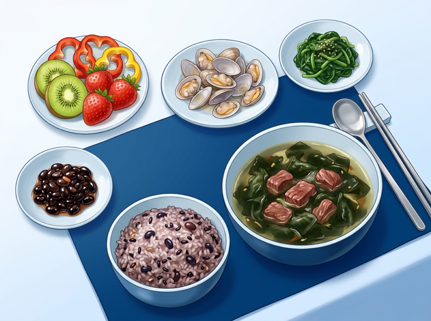 소고기 미역국, 바지락, 데친 시금치, 검은콩조림, 잡곡밥과 키위·딸기·파프리카를 곁들인 한 상