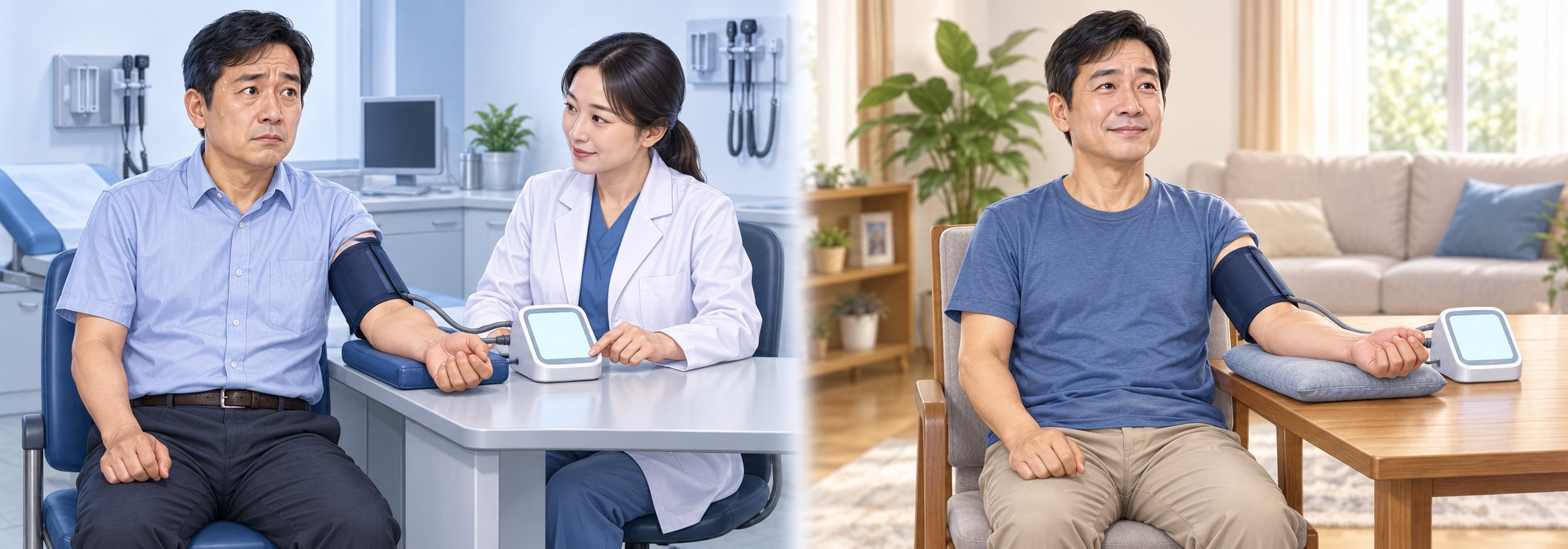 왼쪽: 진료실에서 의사가 혈압을 재는 동안 긴장해 땀을 흘리는 사람. 오른쪽: 같은 사람이 집에서 편안하게 등받이 의자에 앉아 스스로 위팔 혈압계로 재는 모습