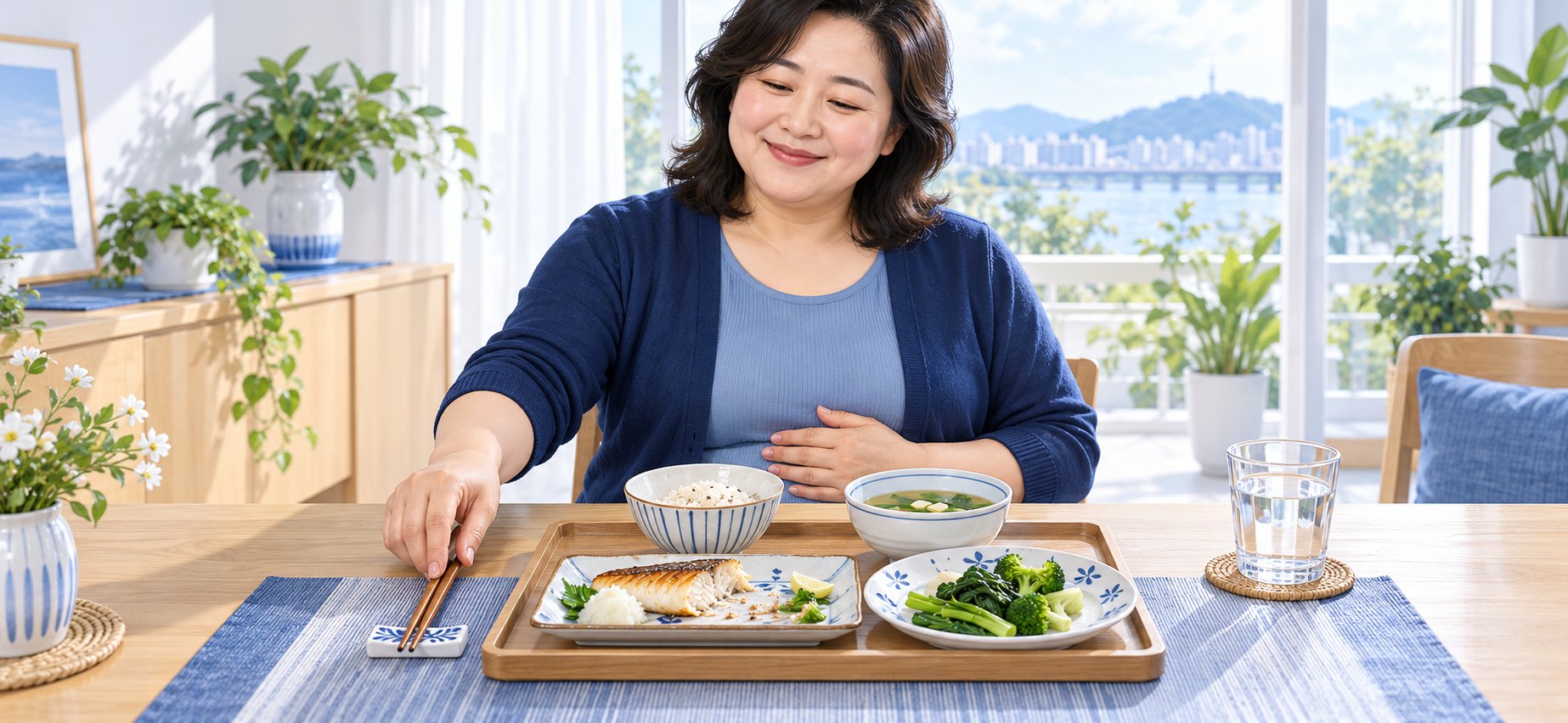 생선구이·채소·밥의 담백한 식사를 조금 남긴 채 젓가락을 내려놓고 배에 손을 얹은 사람