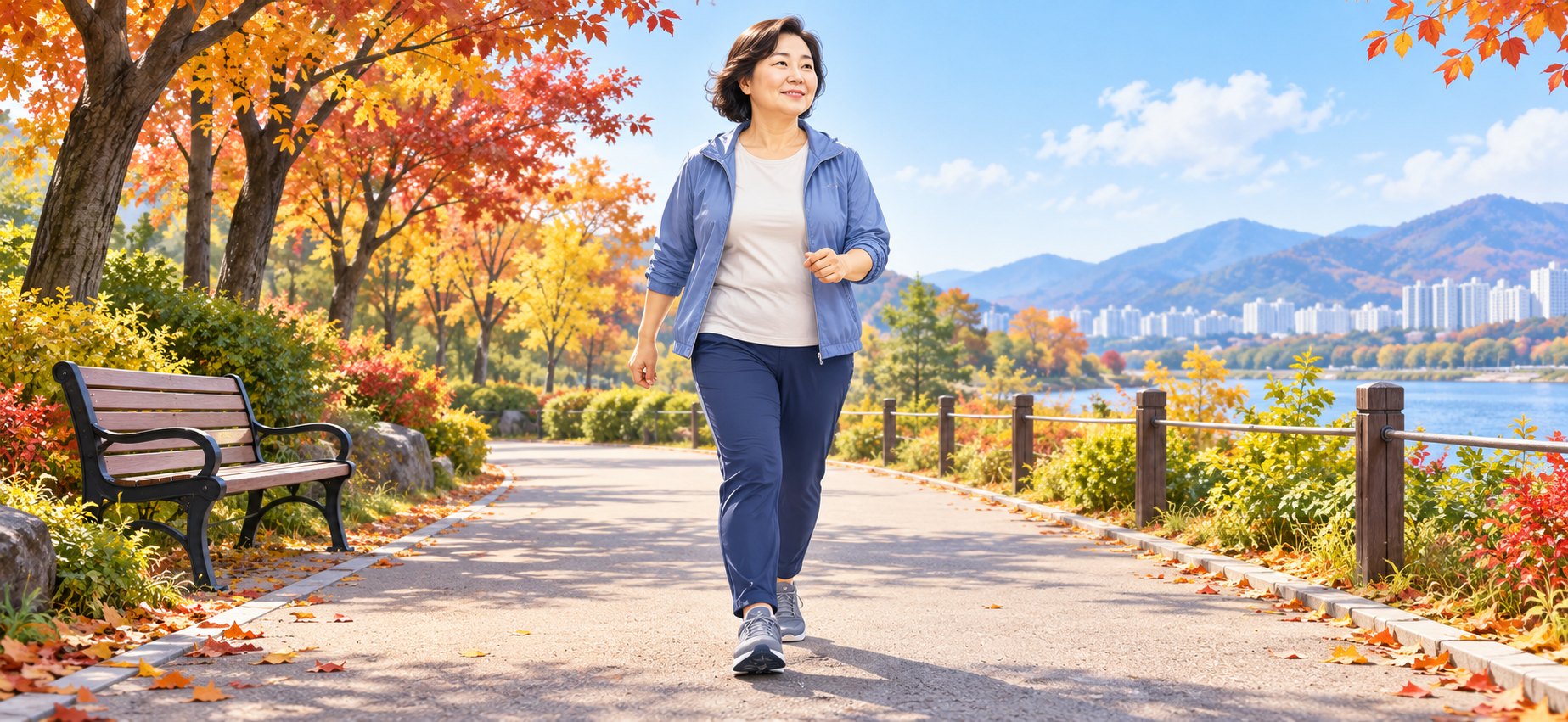 가을 공원 산책로를 편안한 걸음으로 걷는 사람