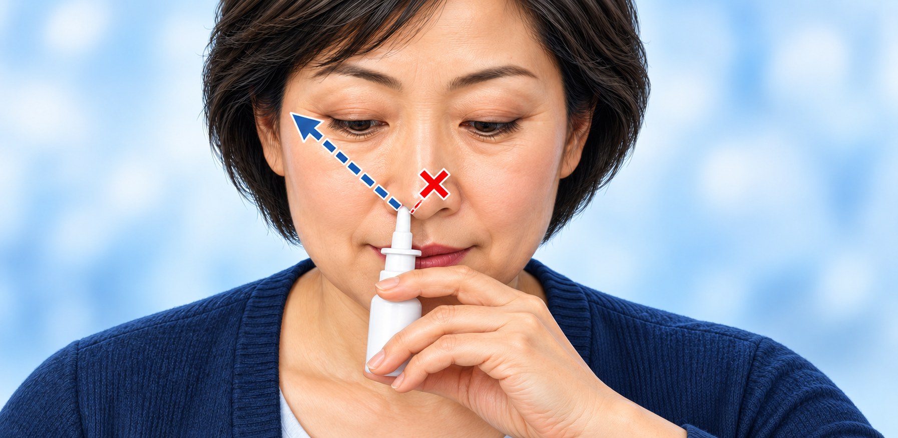 고개를 살짝 숙인 정면 얼굴: 반대쪽 손으로 잡은 병의 분사구를 오른쪽 콧구멍에 넣고, 같은 쪽 눈 바깥쪽으로 향하는 파란 화살표, 코 가운데 벽 쪽은 빨간 X
