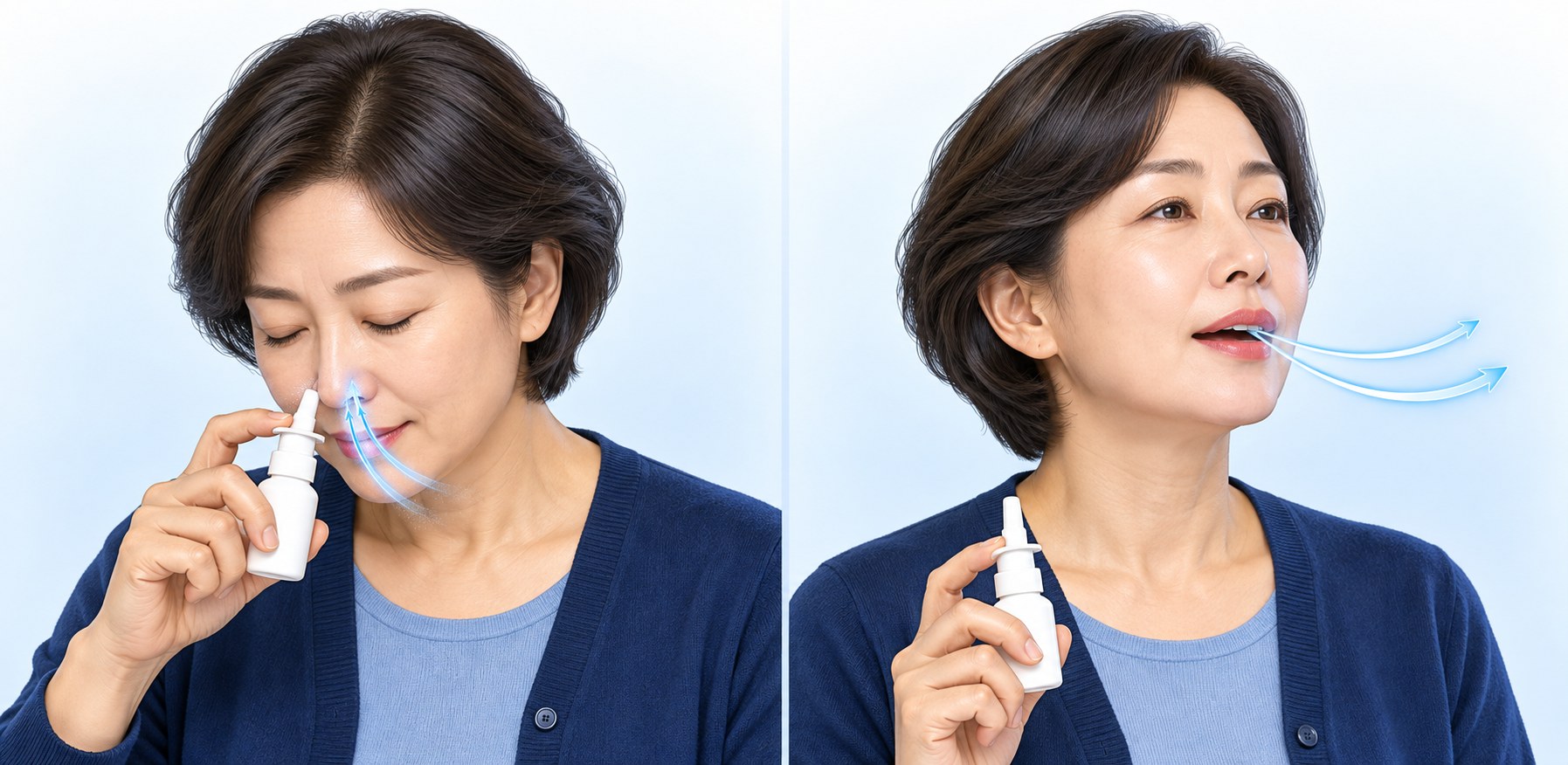 왼쪽은 고개를 살짝 숙이고 뿌리면서 코로 가볍게 들이쉬는 모습, 오른쪽은 입으로 숨을 내쉬는 모습