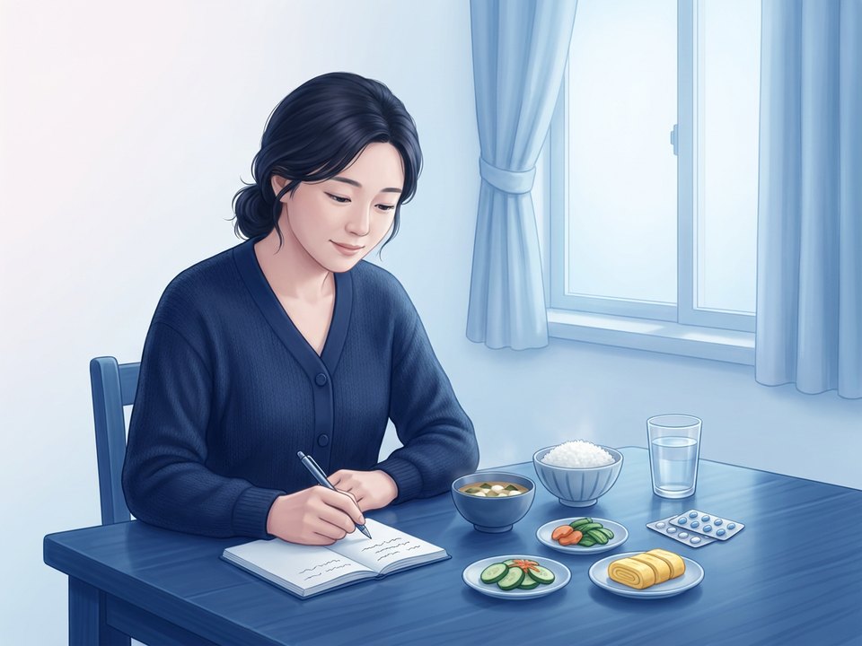 아침 식탁에서 두통일기 공책에 기록하는 여성 일러스트