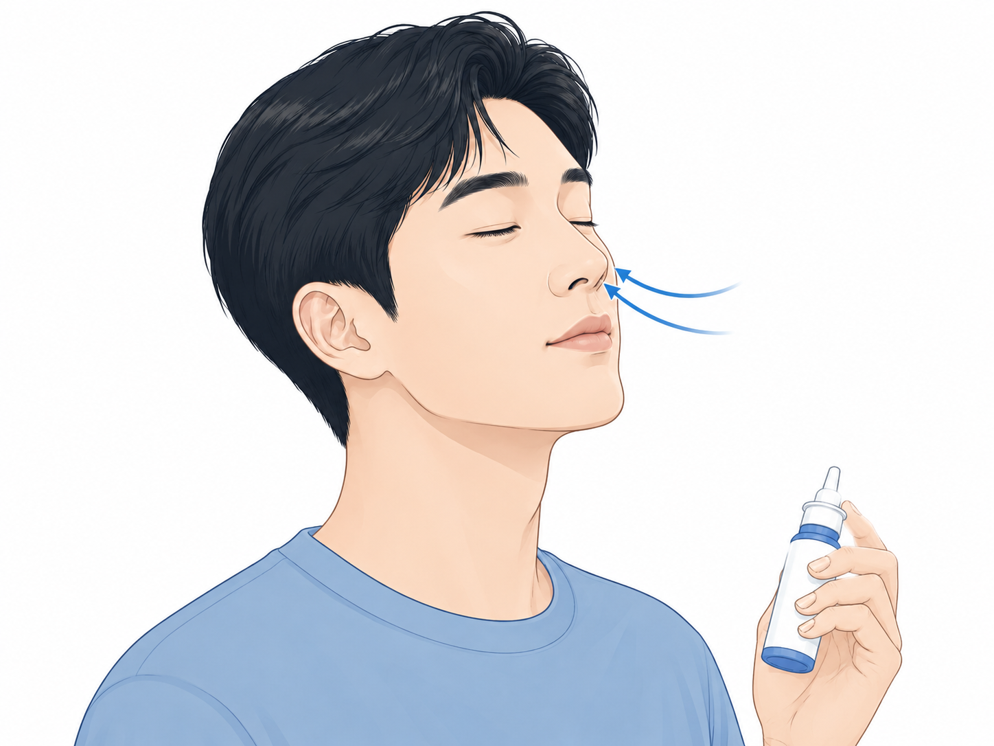 분사 직후 눈을 살짝 감고 코로 부드럽게 들이마시는 모습