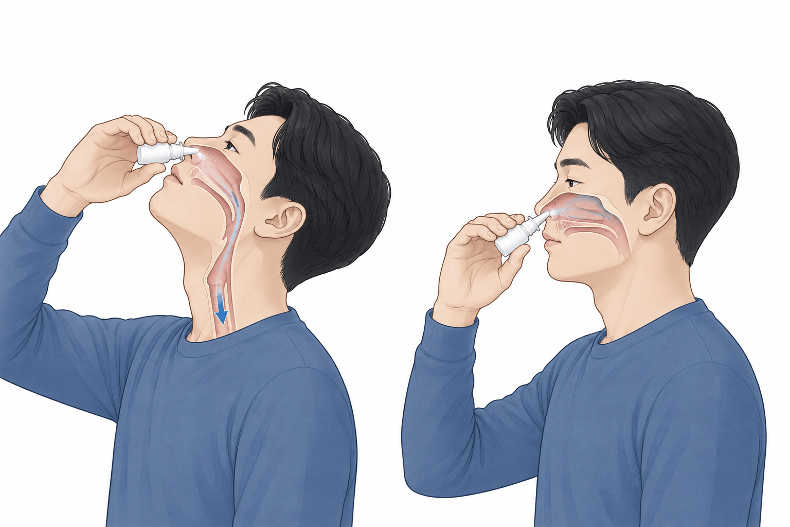 잘못된 자세(턱을 들어 약이 목으로 흘러내림)와 올바른 자세(턱을 당겨 약이 코 점막에 닿음) 비교 단면도