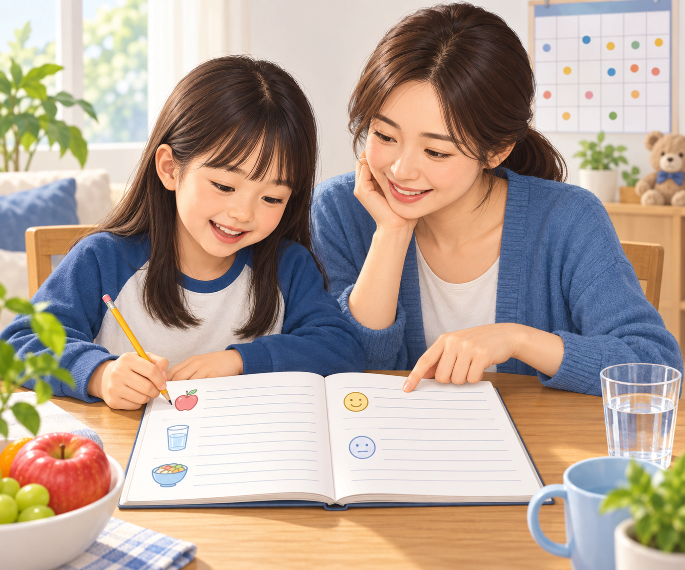 부모와 아이가 나란히 앉아 음식 그림 스티커를 붙이며 일기장을 채우는 모습