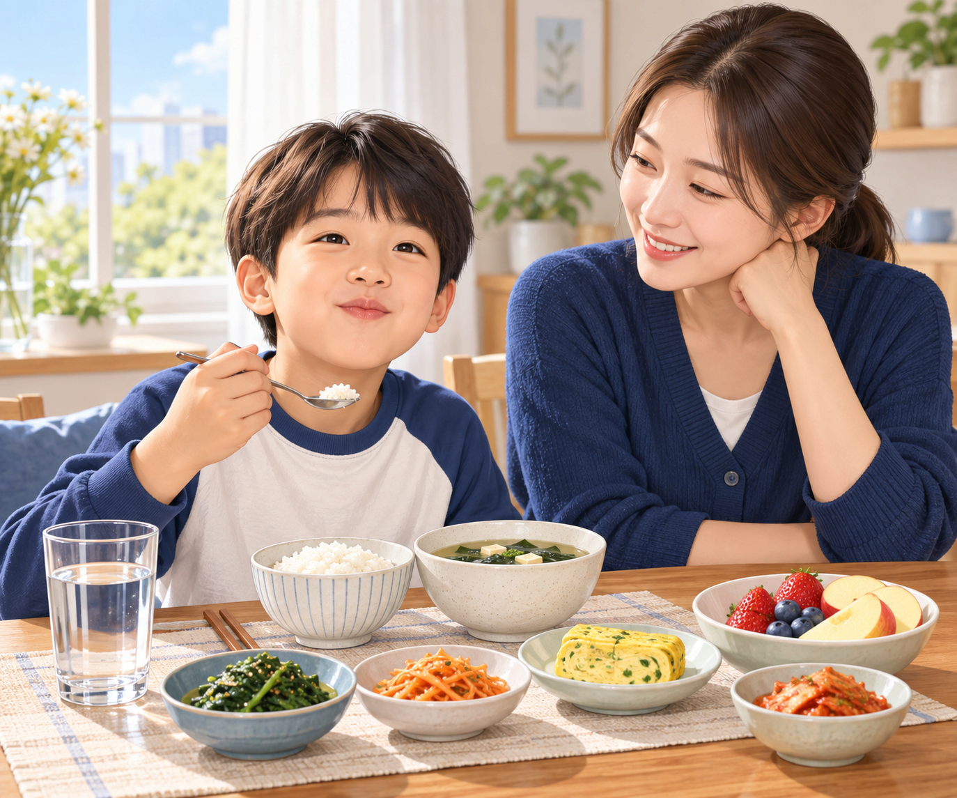아이가 부모와 함께 식탁에서 밥·반찬·과일과 물 한 잔으로 천천히 아침을 먹는 모습