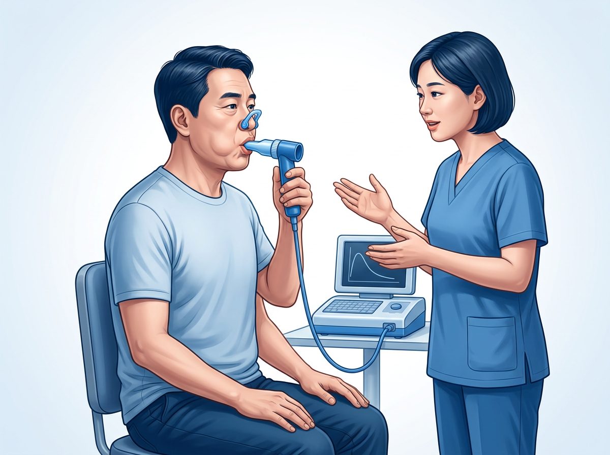 코집게를 끼우고 마우스피스를 입술로 꽉 문 채 의자에 곧게 앉아 힘껏 숨을 내쉬는 남성과 옆에서 격려하는 검사 선생님