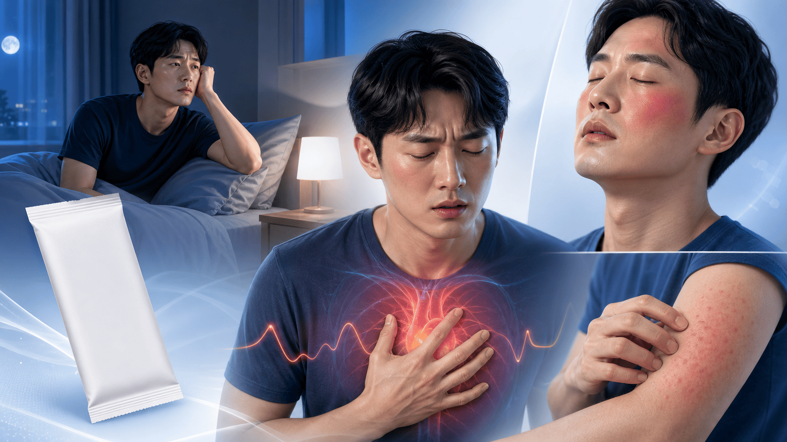 잠 못 드는 사람, 가슴을 잡은 사람, 팔에 붉은 발진이 생긴 사람을 모은 그림