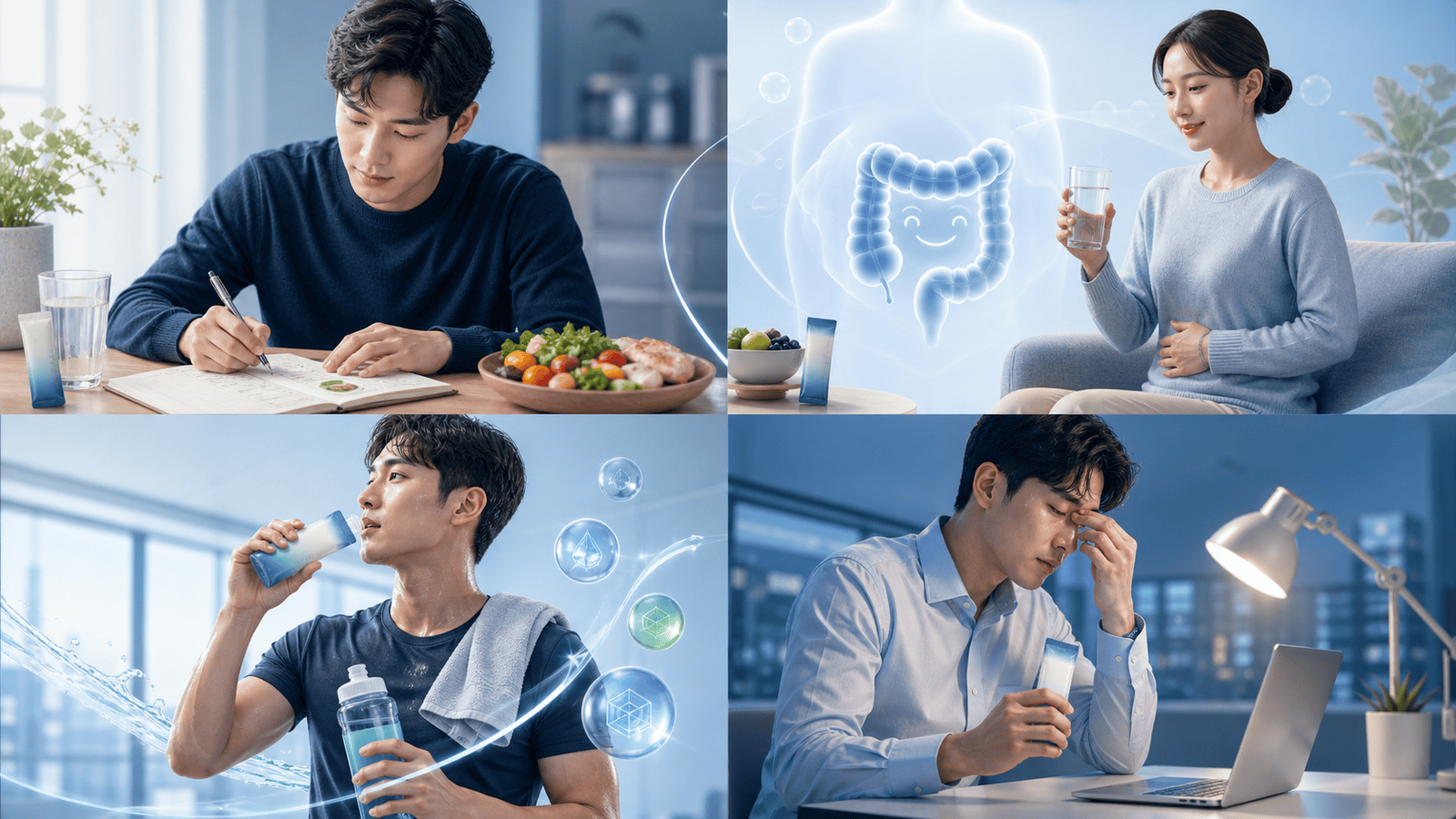 식사 기록·물 마시기·업무 중 피로 등 네 가지 일상 장면