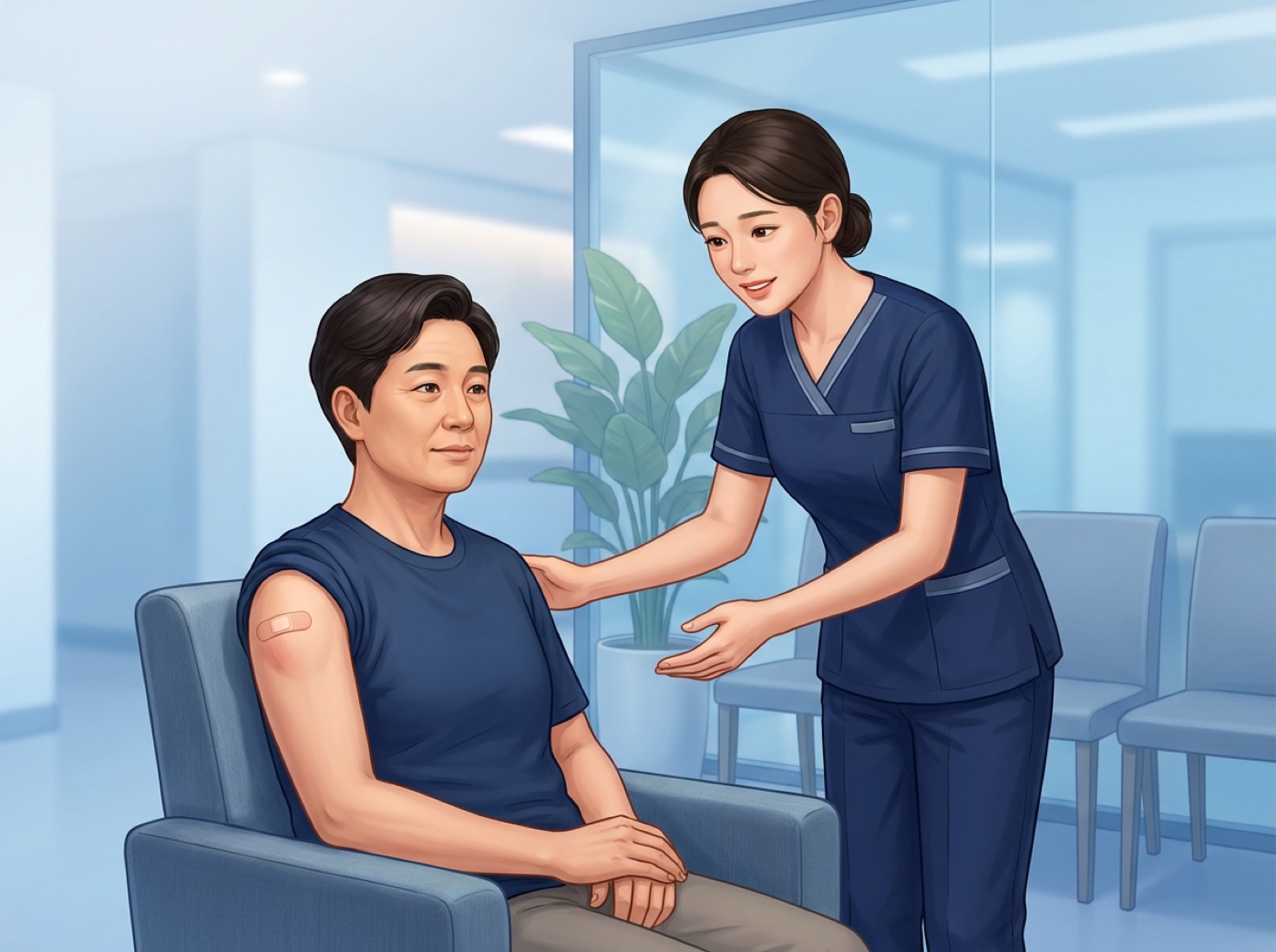 접종 후 대기실 의자에 앉아 쉬는 성인과 상태를 살피는 간호사