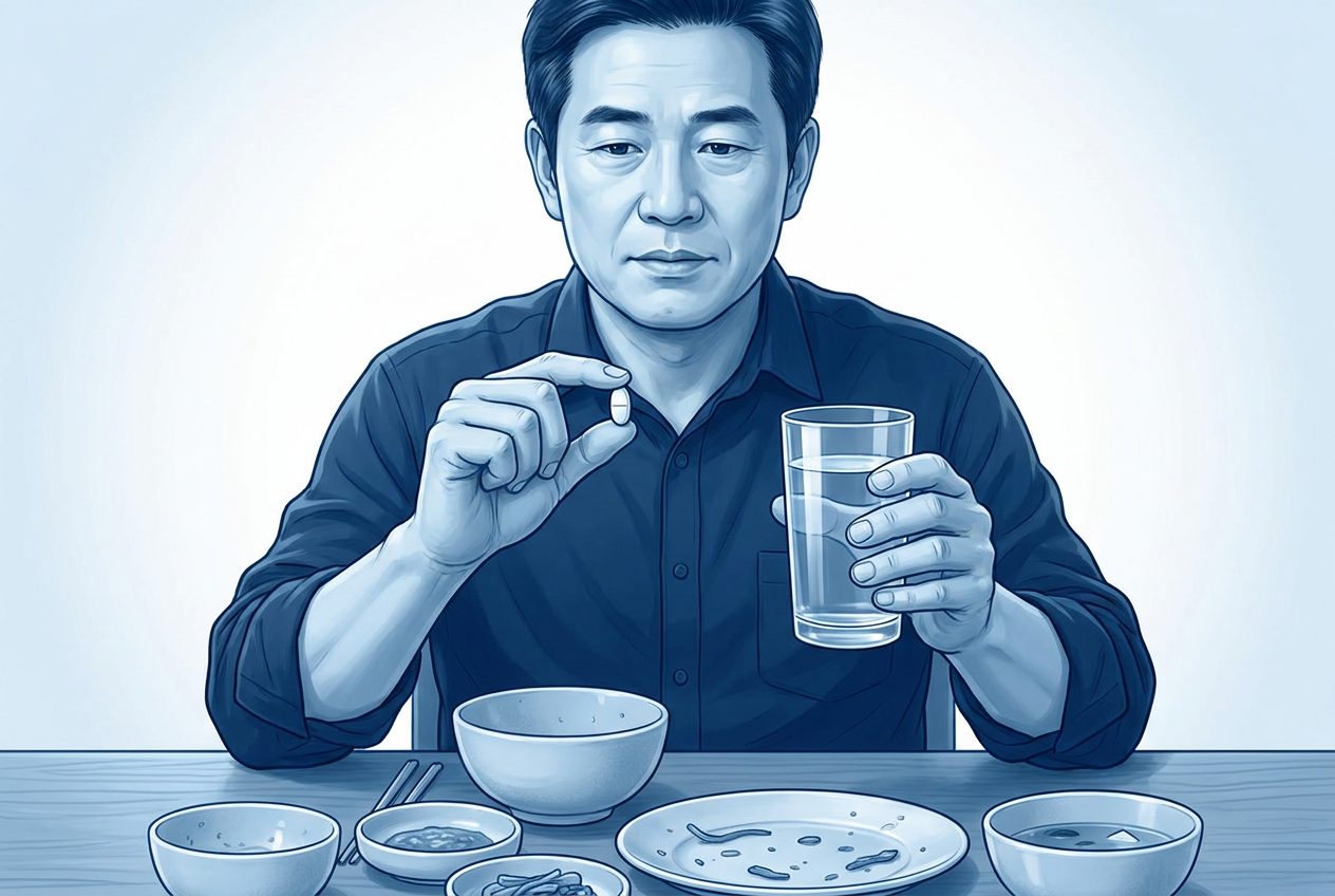 식사를 마친 식탁에서 알약 한 알을 물 한 컵과 함께 먹으려는 남성