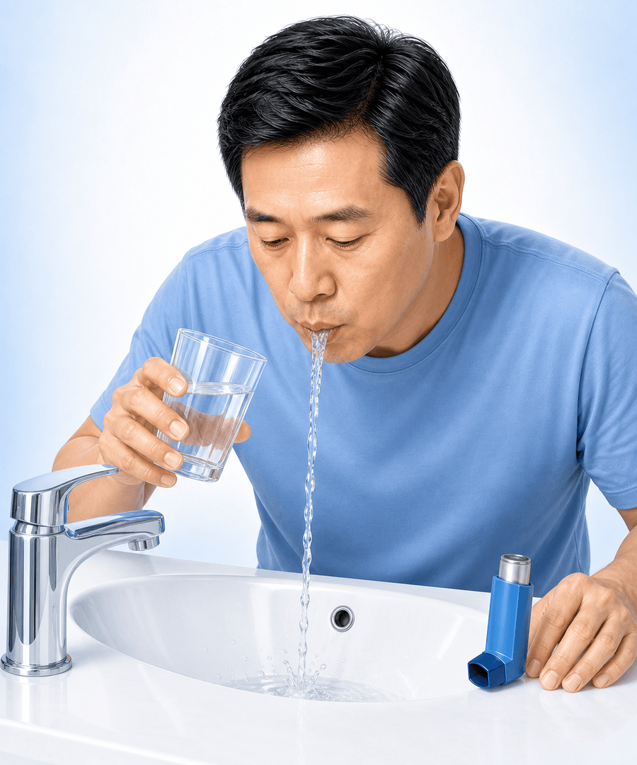 세면대에서 물로 입을 헹구고 뱉는 모습