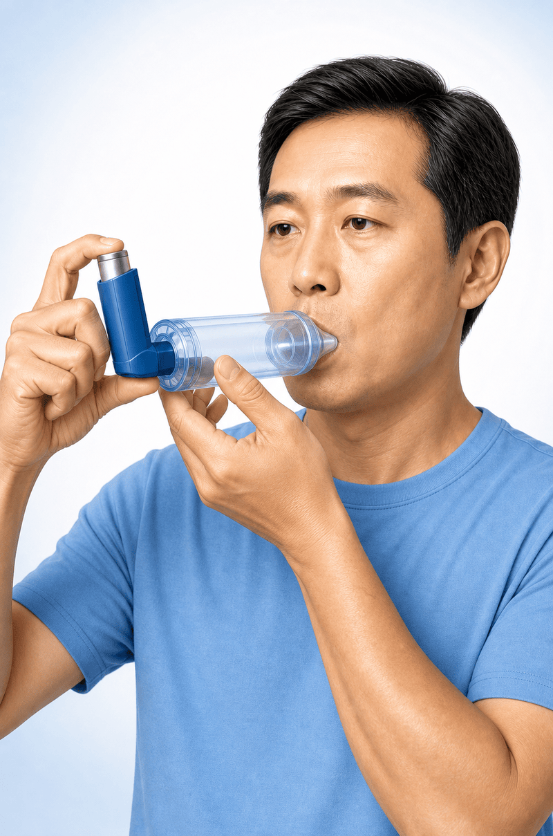 흡입기를 스페이서(챔버)에 끼우고 마우스피스를 입에 물고 천천히 들이쉬는 모습