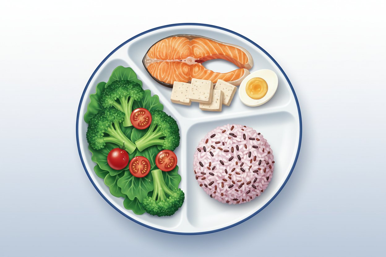 채소 넉넉히, 단백질, 적은 양의 잡곡밥으로 구성된 균형 잡힌 한 끼 식판