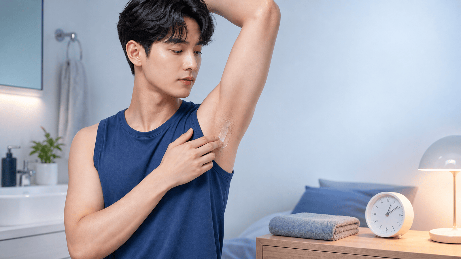 잠자리에 들기 전 마른 겨드랑이를 확인하는 남성